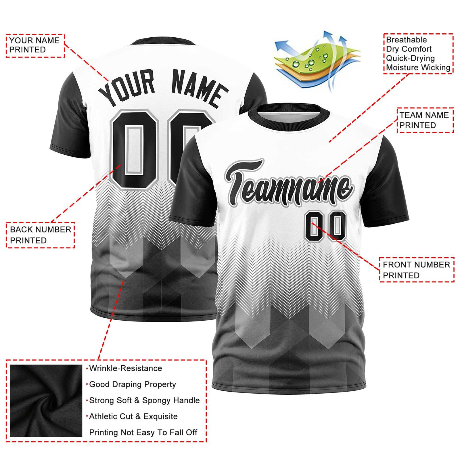 Custom White Black Gradient Ripple Fashion Raglan Sleeves Performance T-Shirt