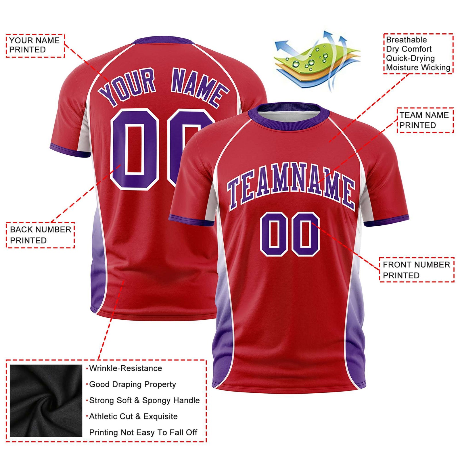 Custom Red White-Purple Crew neck Side Gradient Fashion Performance T-Shirt