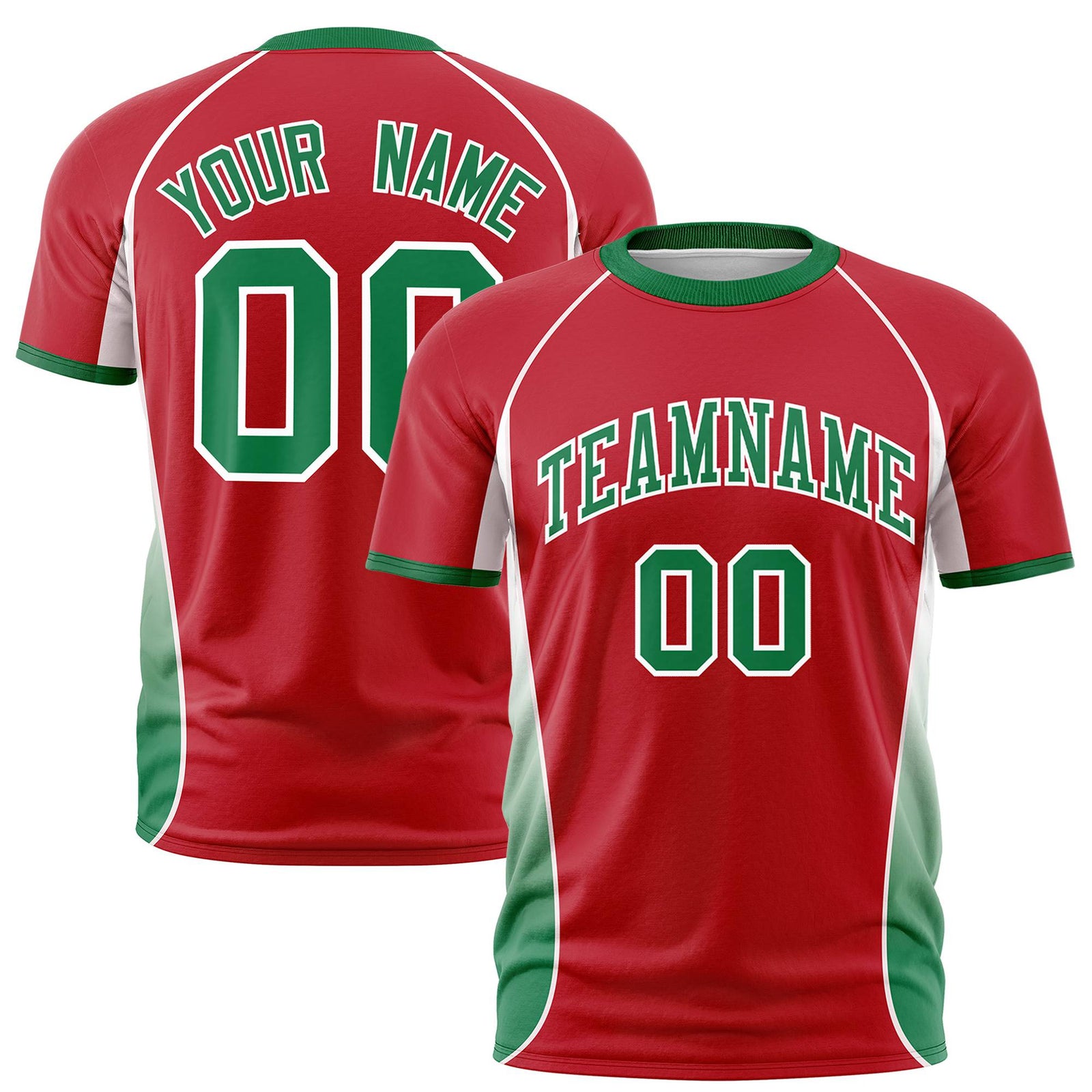 Custom Red White-Kelly Green Crew neck Side Gradient Fashion Performance T-Shirt