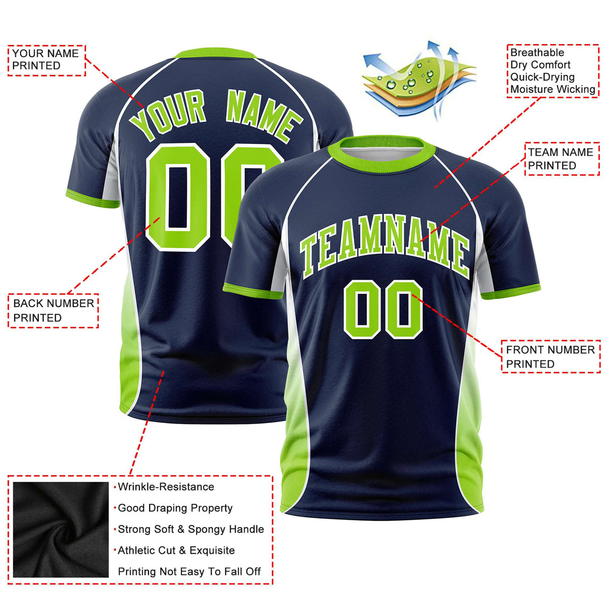 Custom Navy White-Neon Green Crew neck Side Gradient Fashion Performance T-Shirt