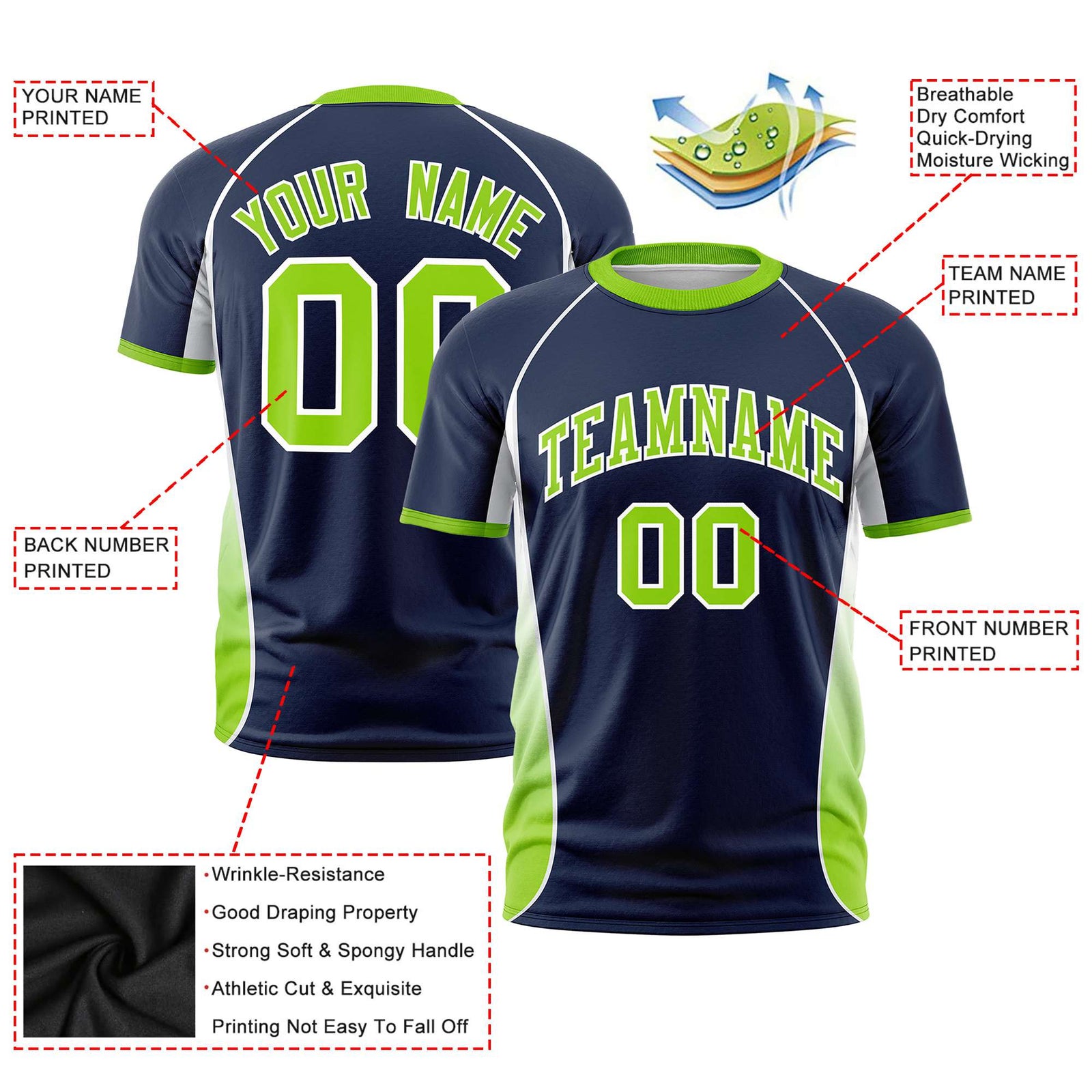 Custom Navy White-Neon Green Crew neck Side Gradient Fashion Performance T-Shirt
