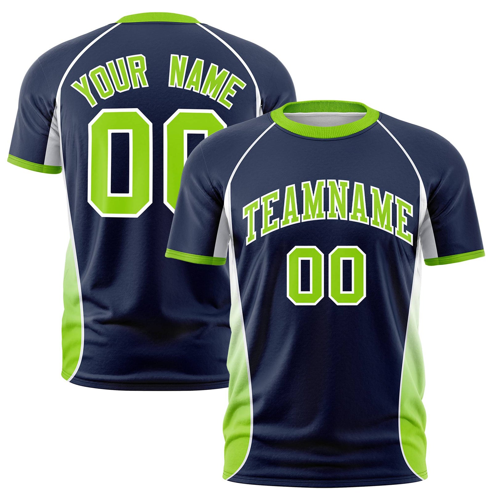 Custom Navy White-Neon Green Crew neck Side Gradient Fashion Performance T-Shirt