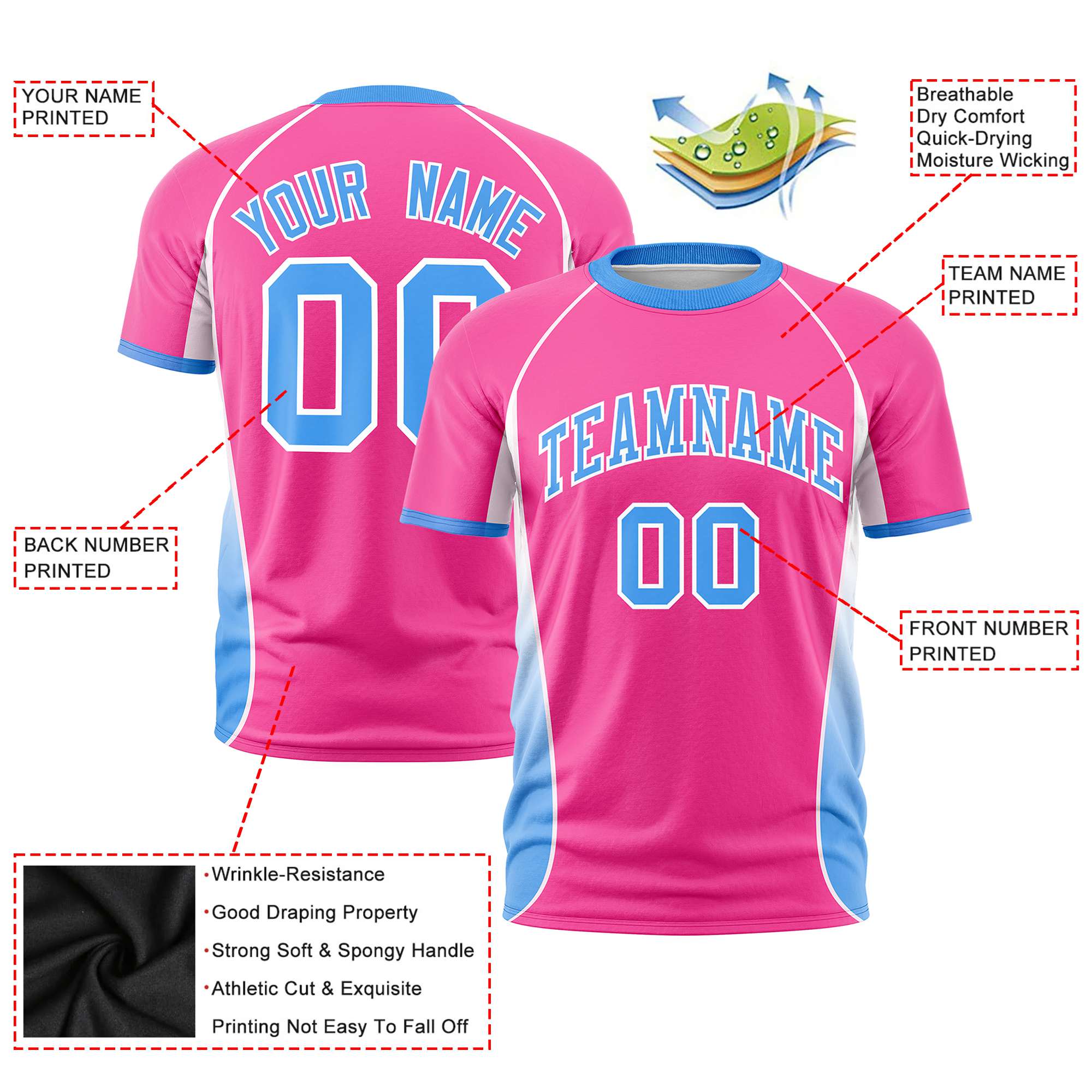 Custom Pink White-Powder Blue Crew neck Side Gradient Fashion Performance T-Shirt