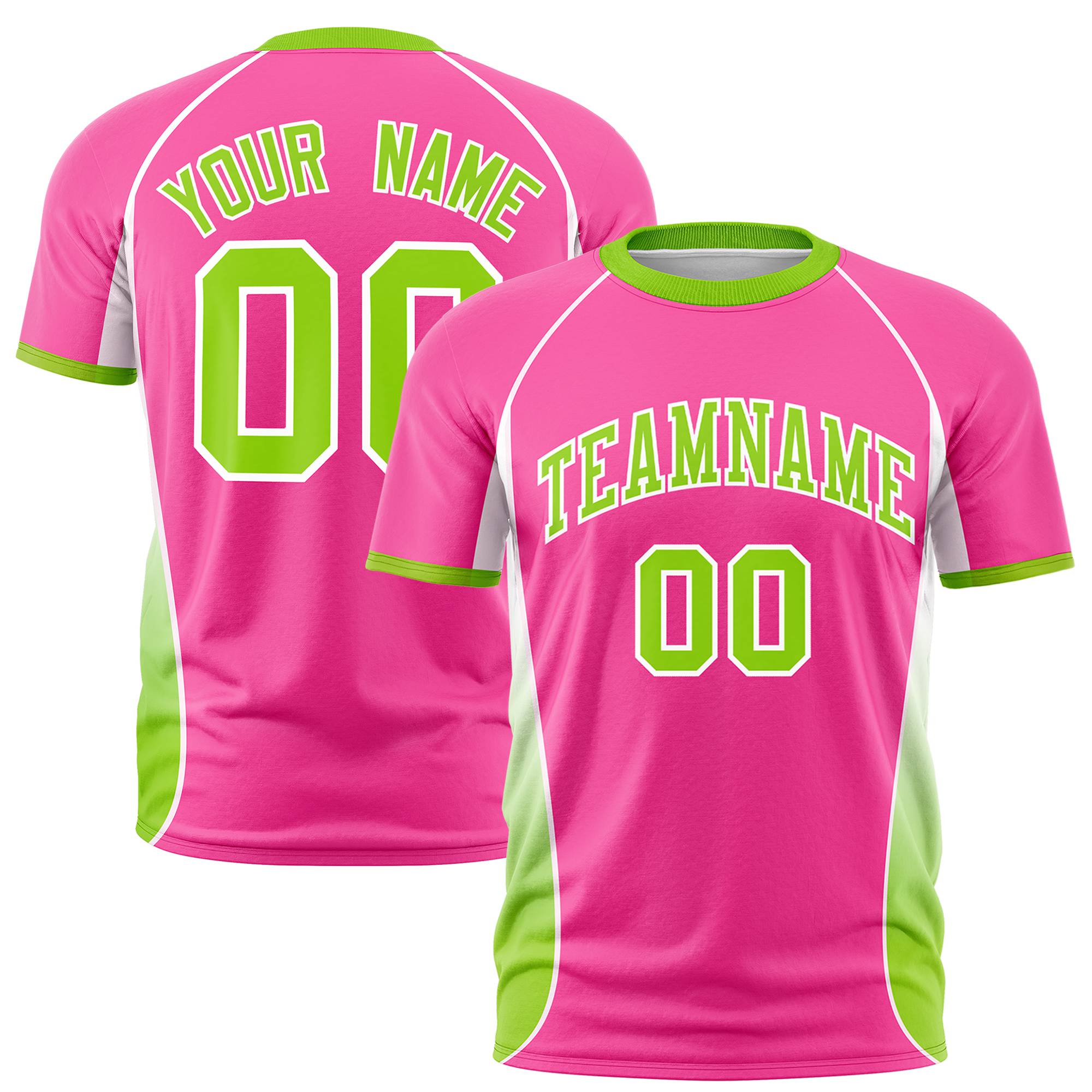 Custom Pink White-Neon Green Crew neck Side Gradient Fashion Performance T-Shirt