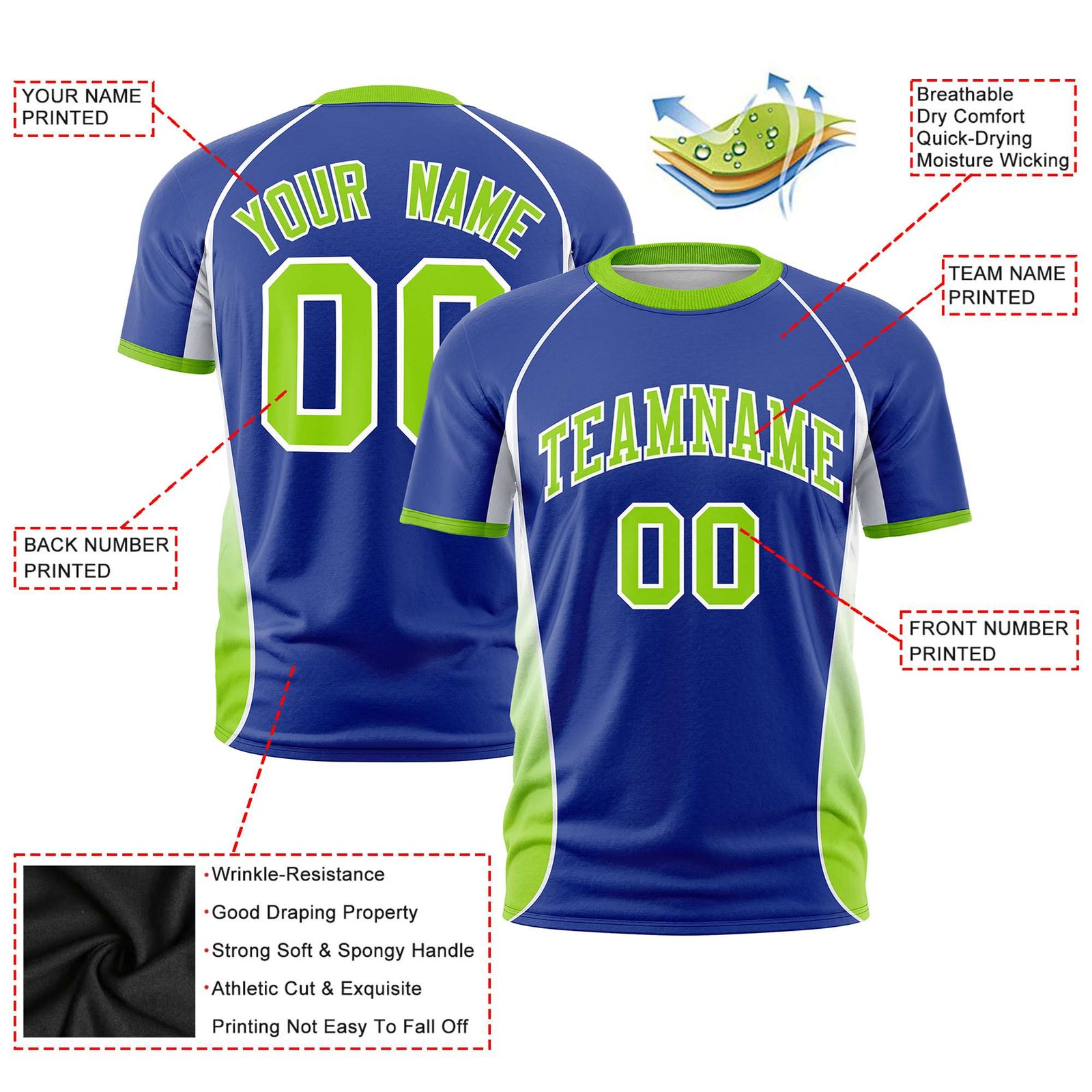 Custom Royal Blue White-Neon Green Crew neck Side Gradient Fashion Performance T-Shirt