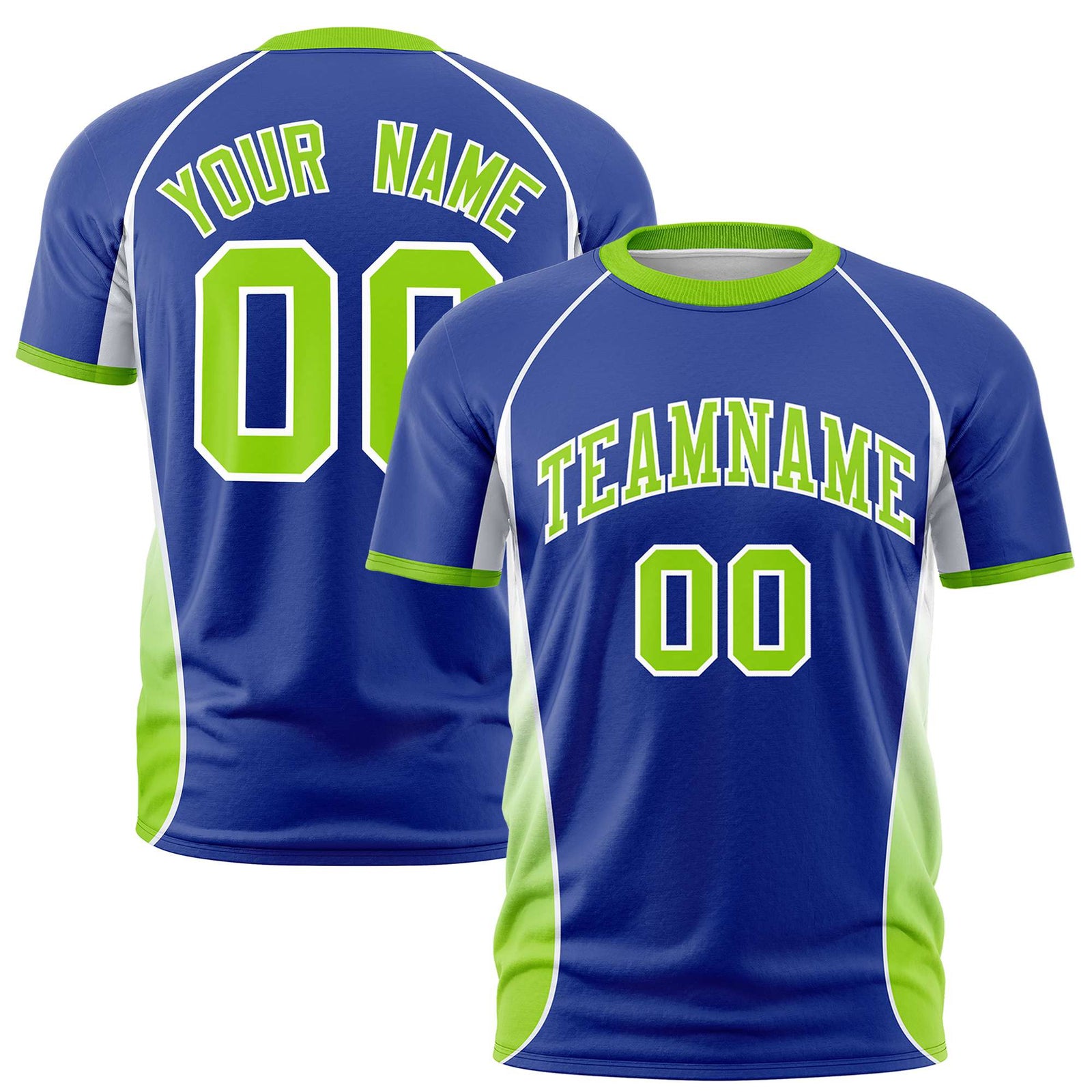 Custom Royal Blue White-Neon Green Crew neck Side Gradient Fashion Performance T-Shirt
