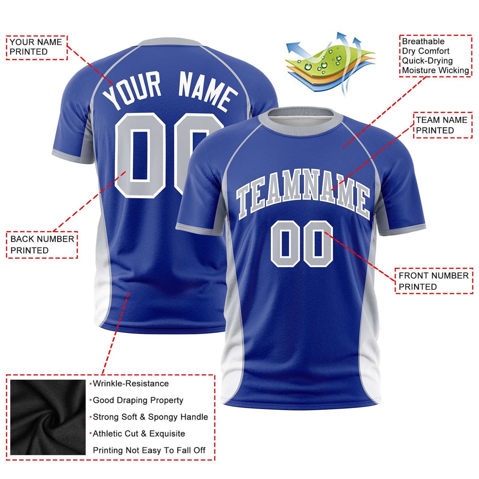 Custom Royal Blue Gray-White Crew neck Side Gradient Fashion Performance T-Shirt