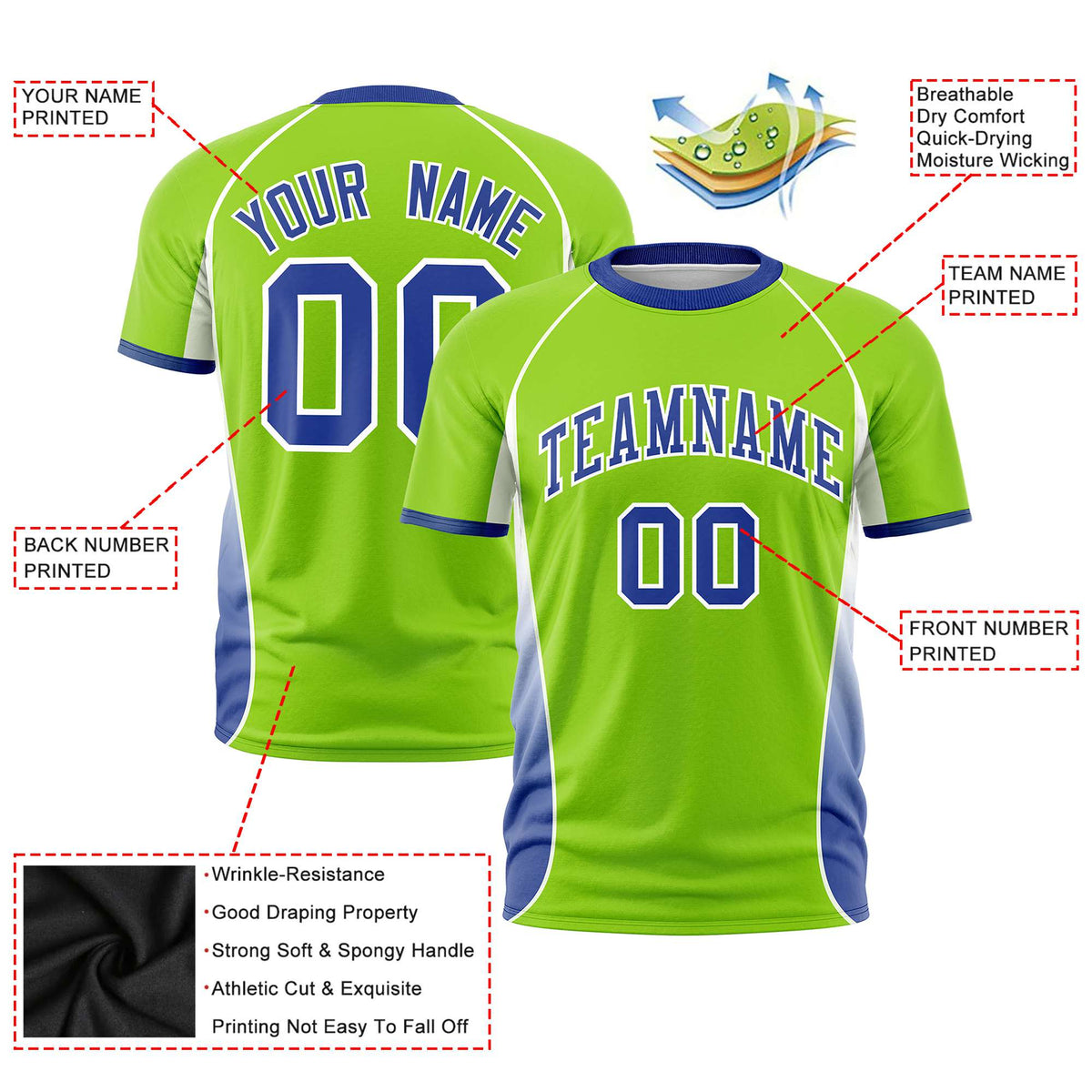 Custom Neon Green White-Royal Blue Crew neck Side Gradient Fashion Performance T-Shirt