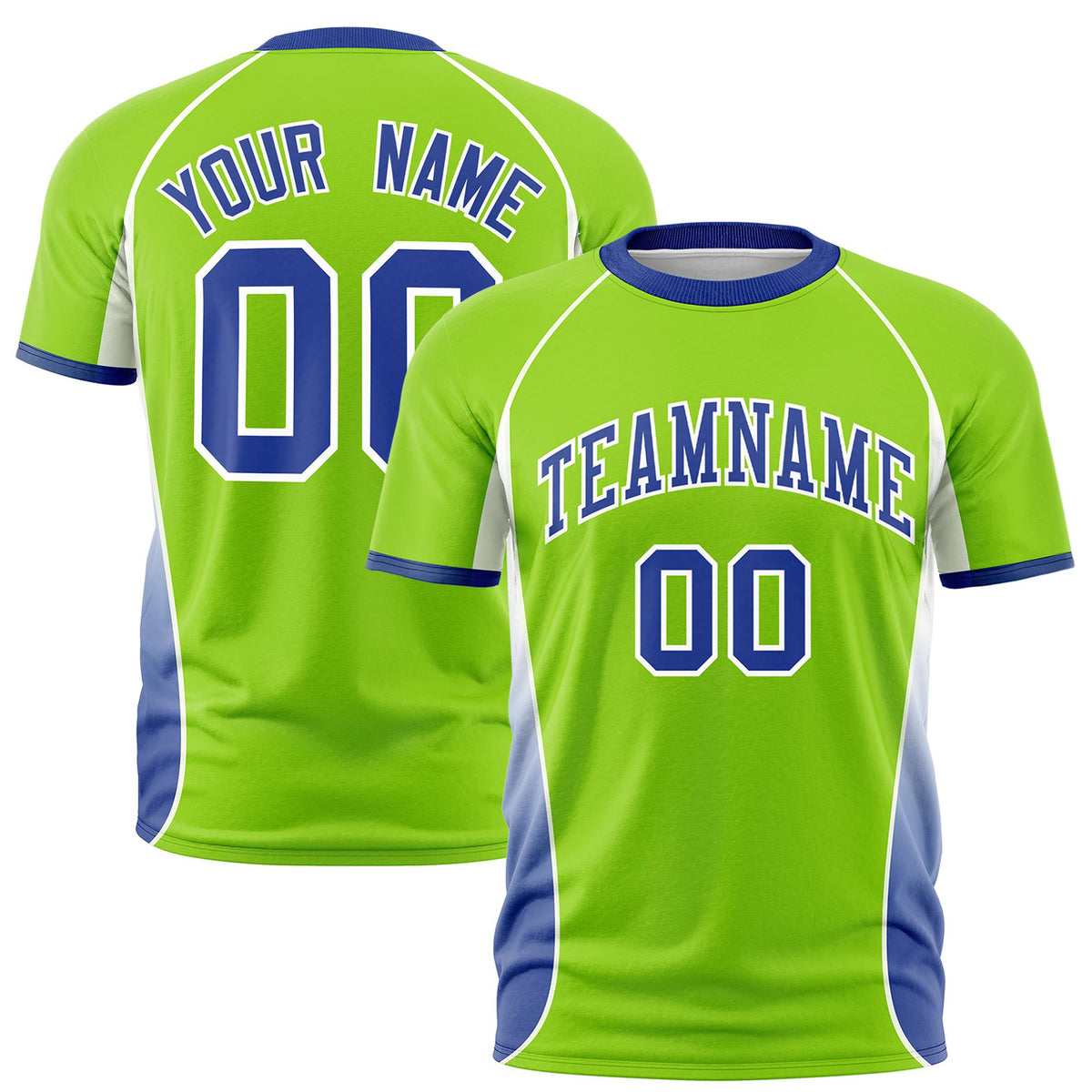 Custom Neon Green White-Royal Blue Crew neck Side Gradient Fashion Performance T-Shirt