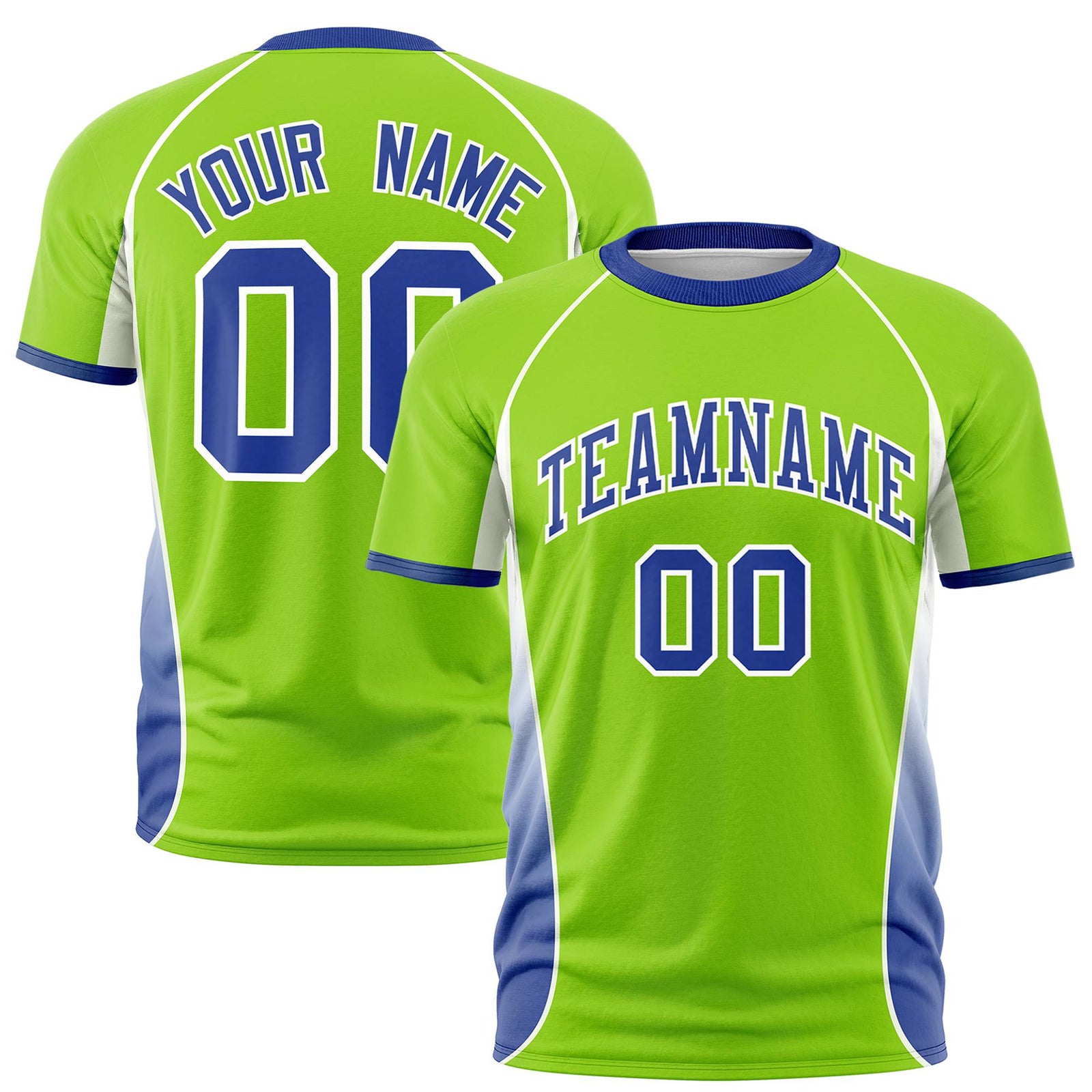 Custom Neon Green White-Royal Blue Crew neck Side Gradient Fashion Performance T-Shirt