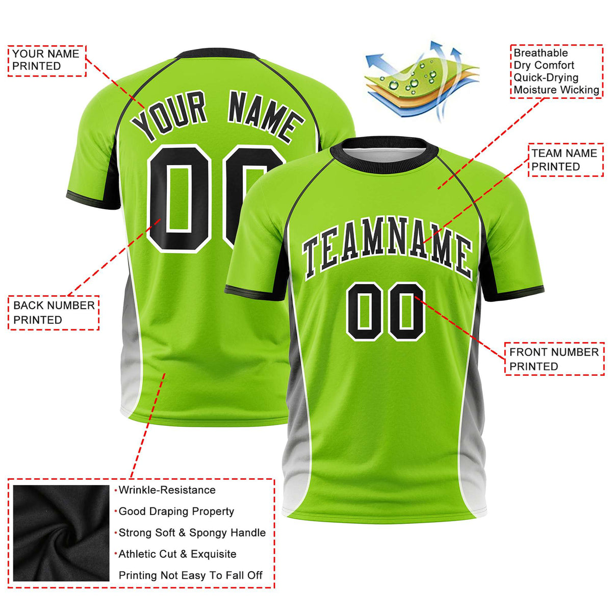 Custom Neon Green Black-White Crew neck Side Gradient Fashion Performance T-Shirt