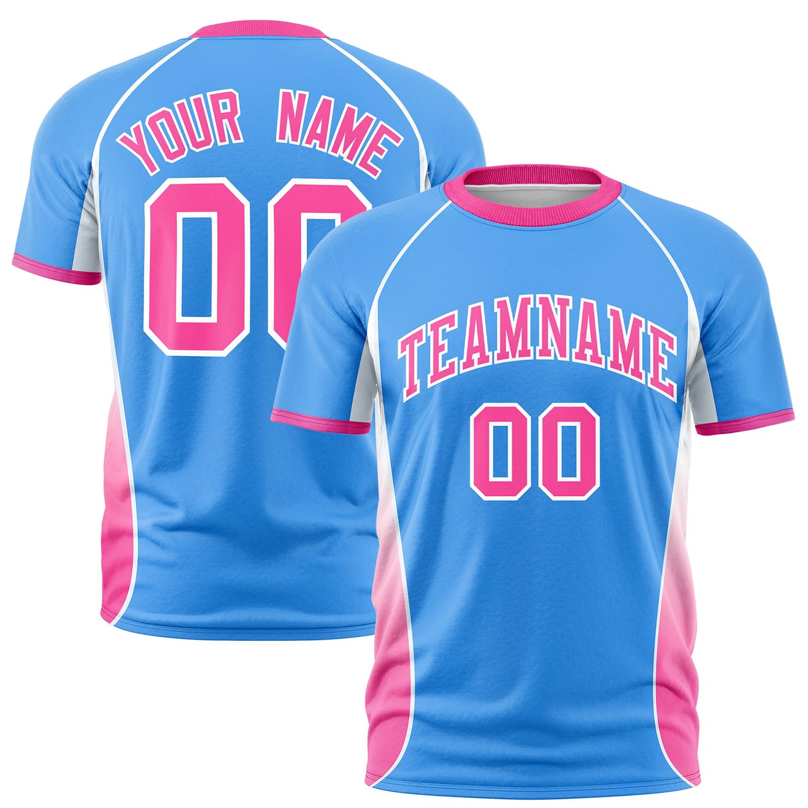Custom Powder Blue White-Pink Crew neck Side Gradient Fashion Performance T-Shirt