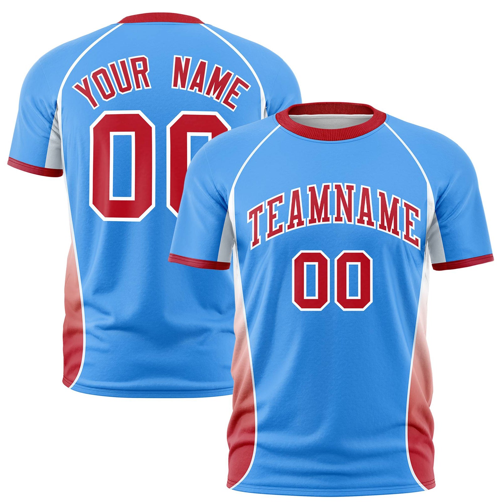 Custom Powder Blue White-Red Crew neck Side Gradient Fashion Performance T-Shirt