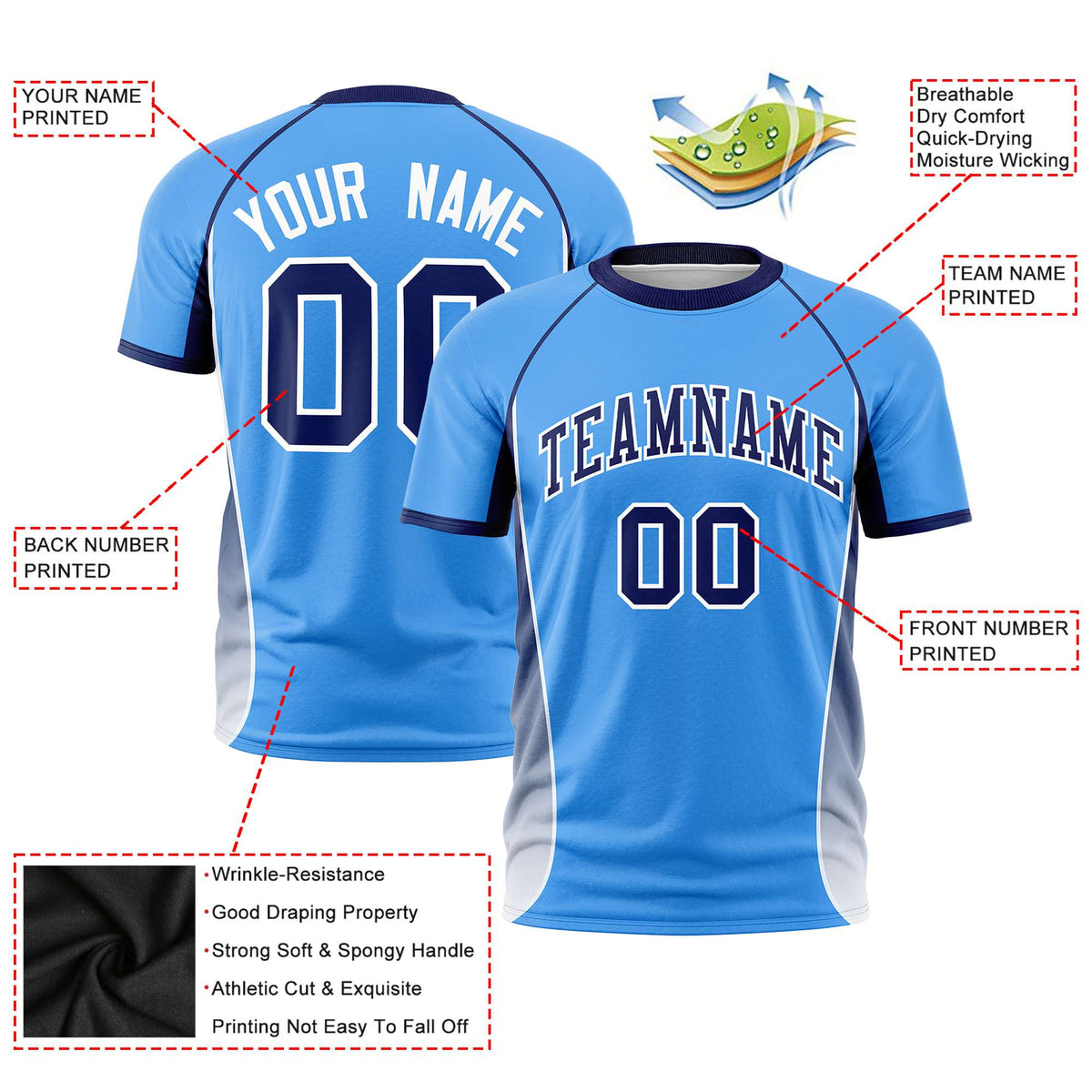 Custom Powder Blue Navy-White Crew neck Side Gradient Fashion Performance T-Shirt