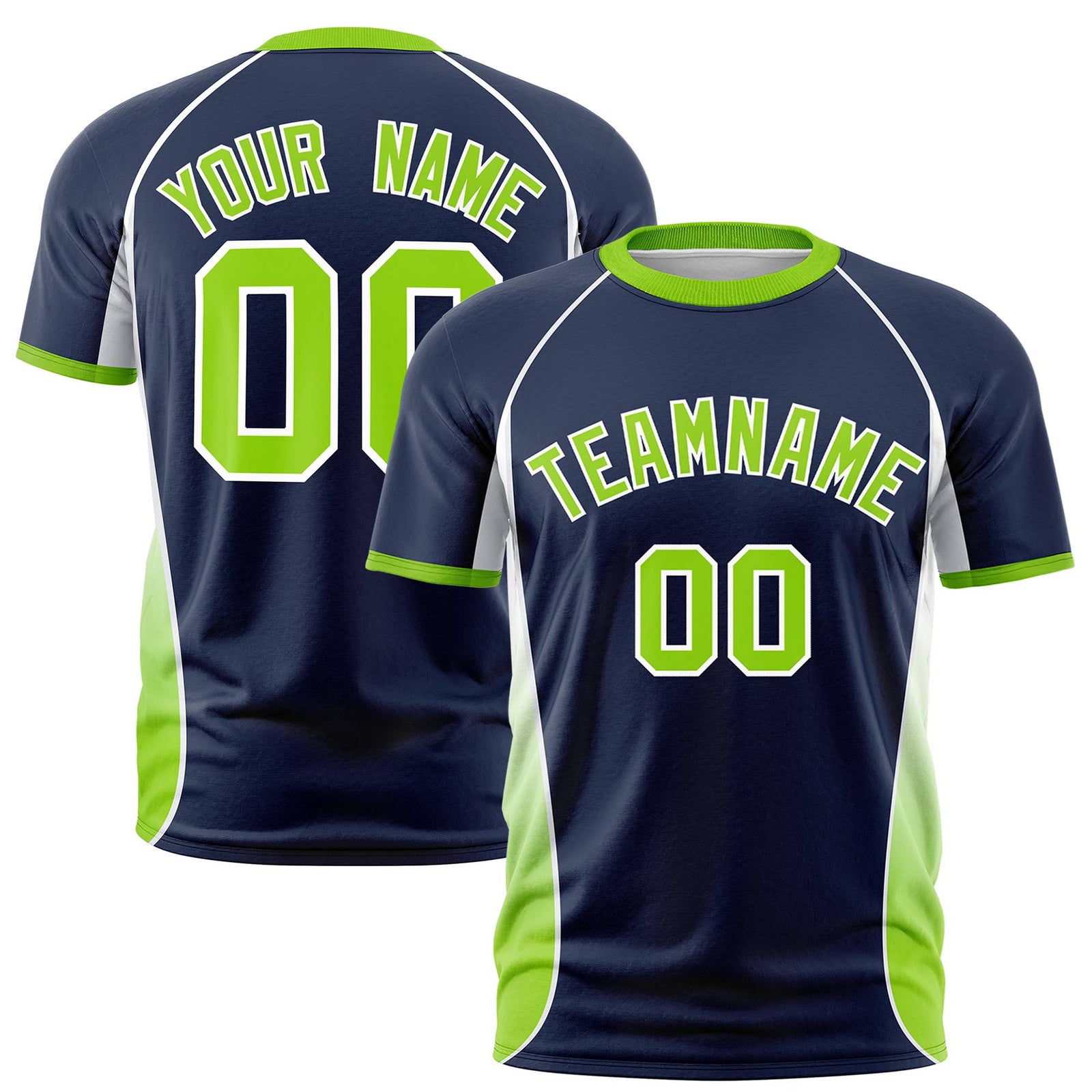 Custom Navy White-Neon Green Crew neck Side Gradient Fashion Performance T-Shirt