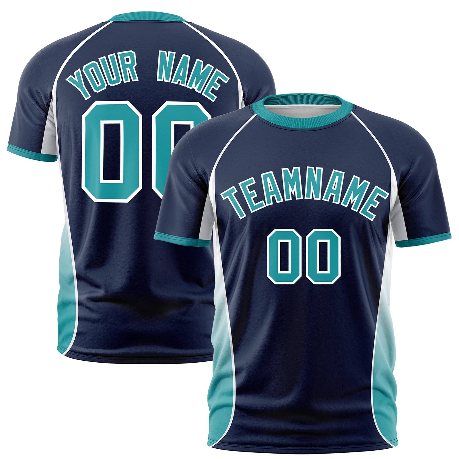 Custom Navy White-Aqua Crew neck Side Gradient Fashion Performance T-Shirt