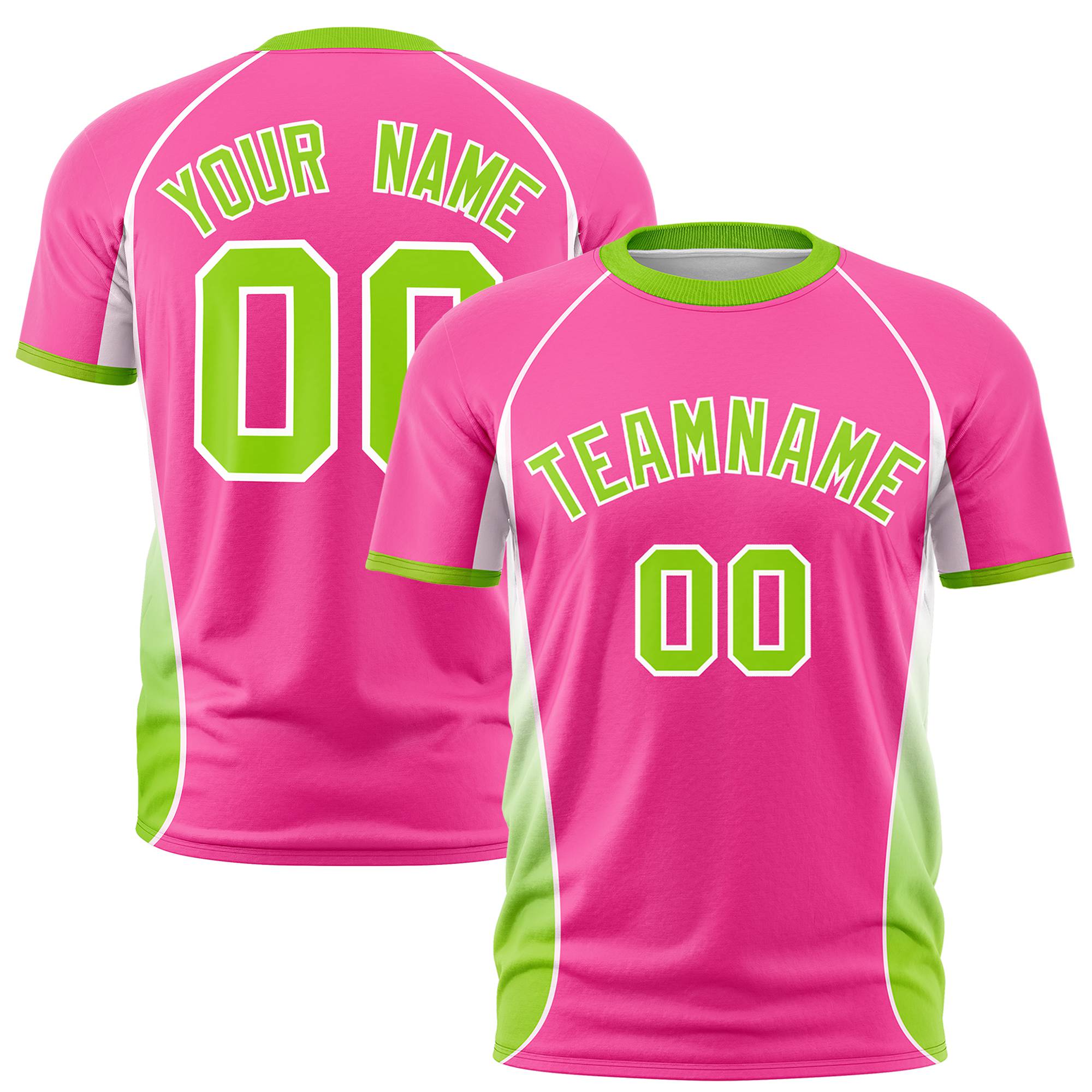 Custom Pink White-Neon Green Crew neck Side Gradient Fashion Performance T-Shirt