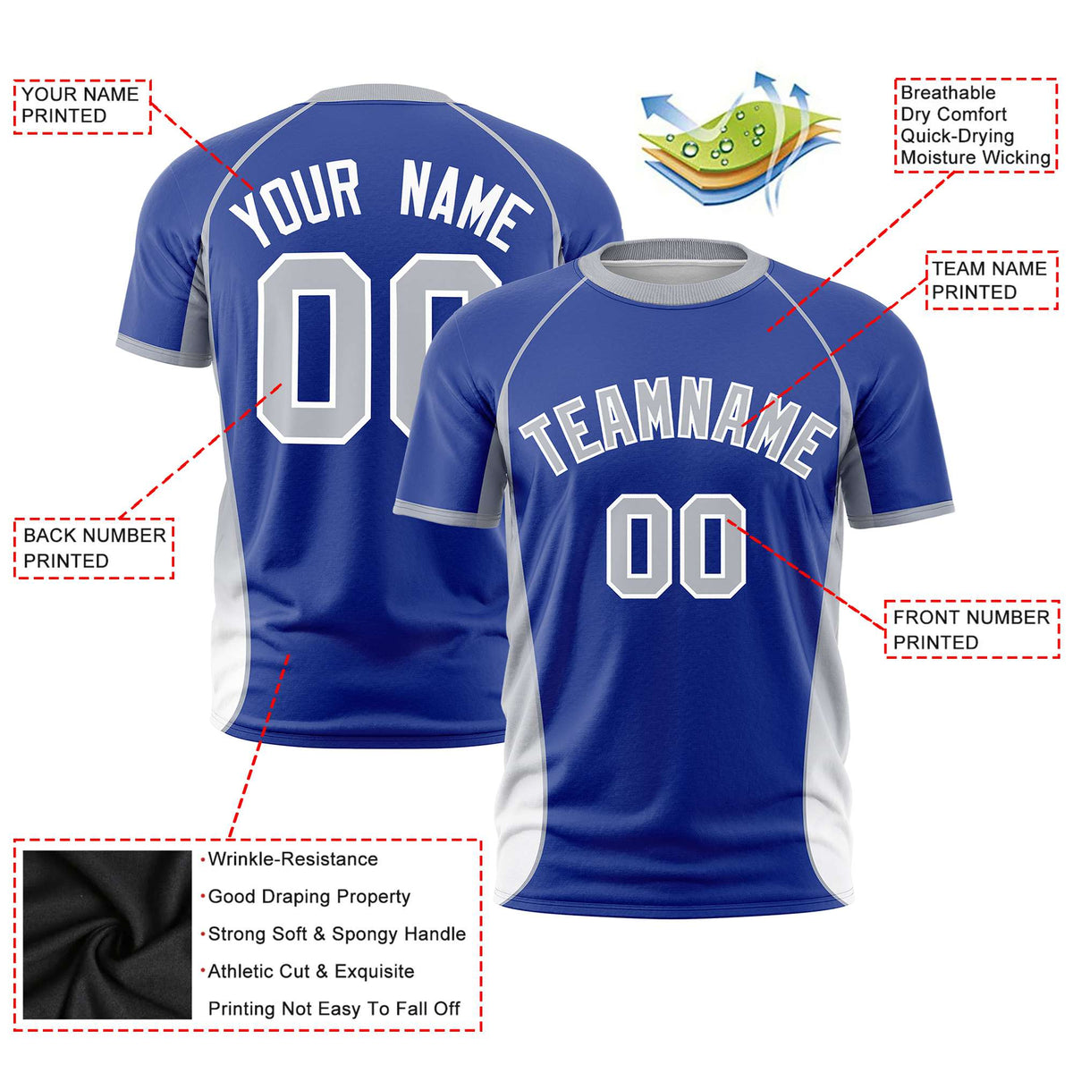 Custom Royal Blue Gray-White Crew neck Side Gradient Fashion Performance T-Shirt