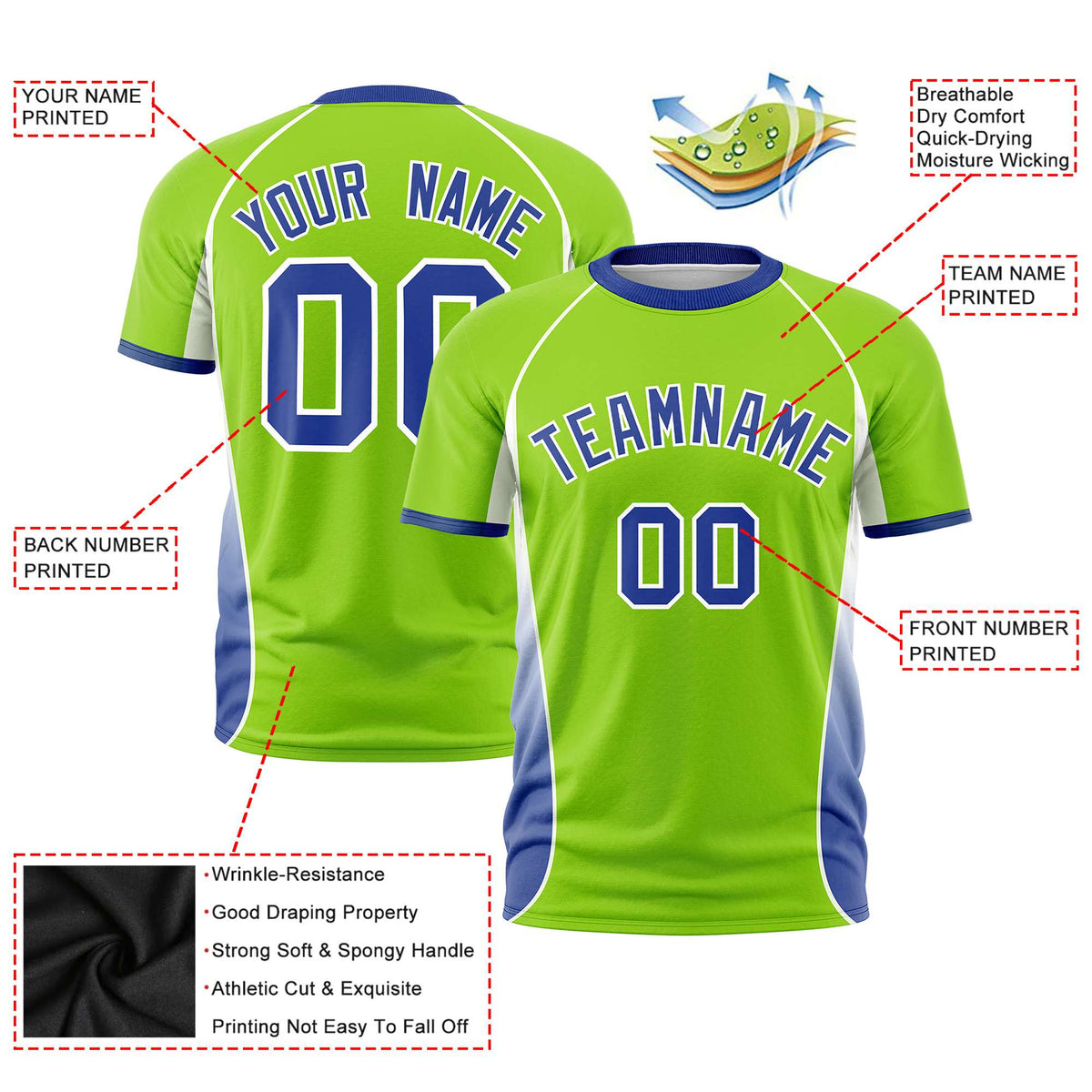 Custom Neon Green White-Royal Blue Crew neck Side Gradient Fashion Performance T-Shirt