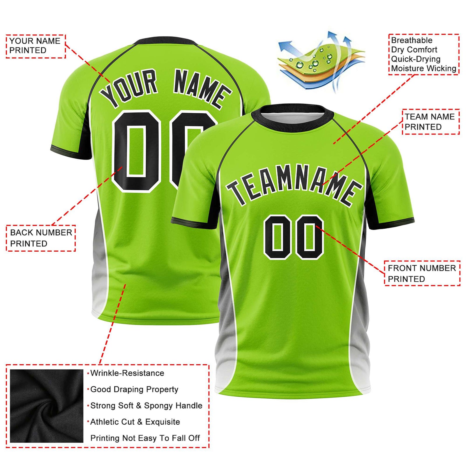 Custom Neon Green Black-White Crew neck Side Gradient Fashion Performance T-Shirt