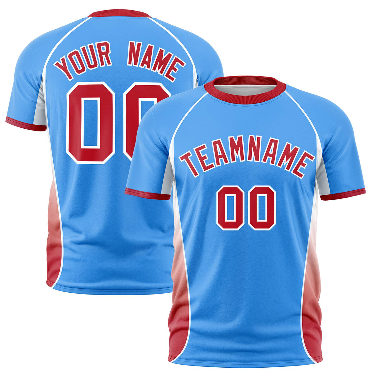 Custom Powder Blue White-Red Crew neck Side Gradient Fashion Performance T-Shirt