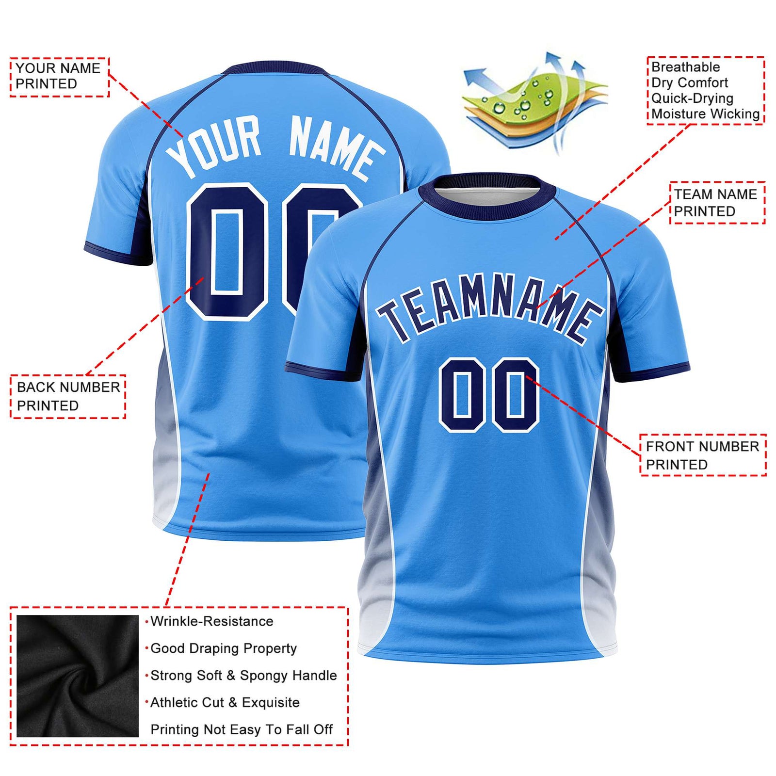 Custom Powder Blue Navy-White Crew neck Side Gradient Fashion Performance T-Shirt