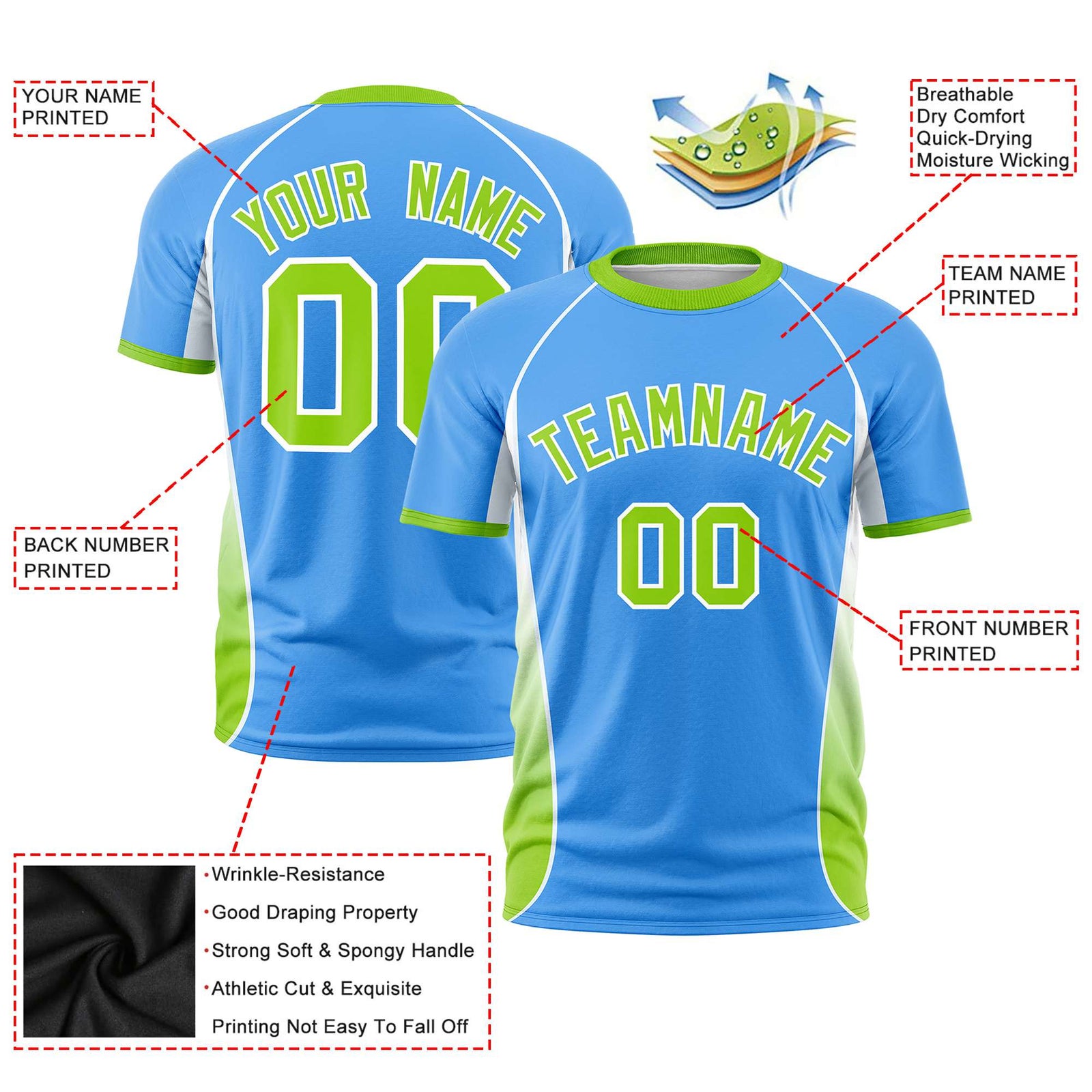 Custom Powder Blue White-Neon Green Crew neck Side Gradient Fashion Performance T-Shirt