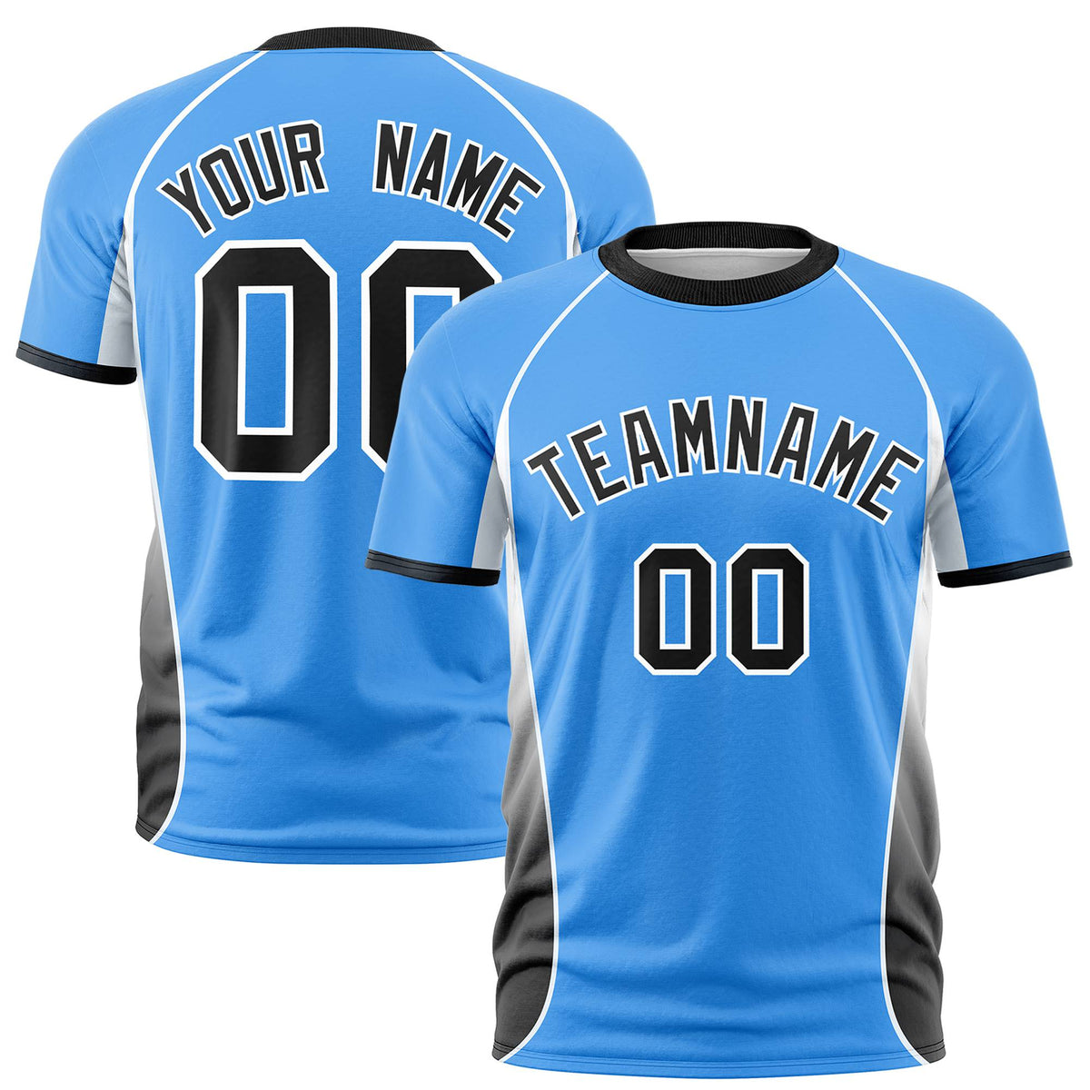Custom Powder Blue White-Black Crew neck Side Gradient Fashion Performance T-Shirt