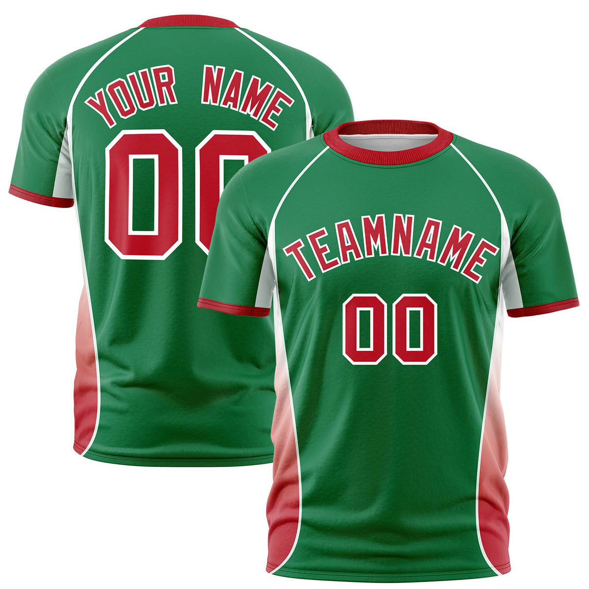 Custom Kelly Green White-Red Crew neck Side Gradient Fashion Performance T-Shirt