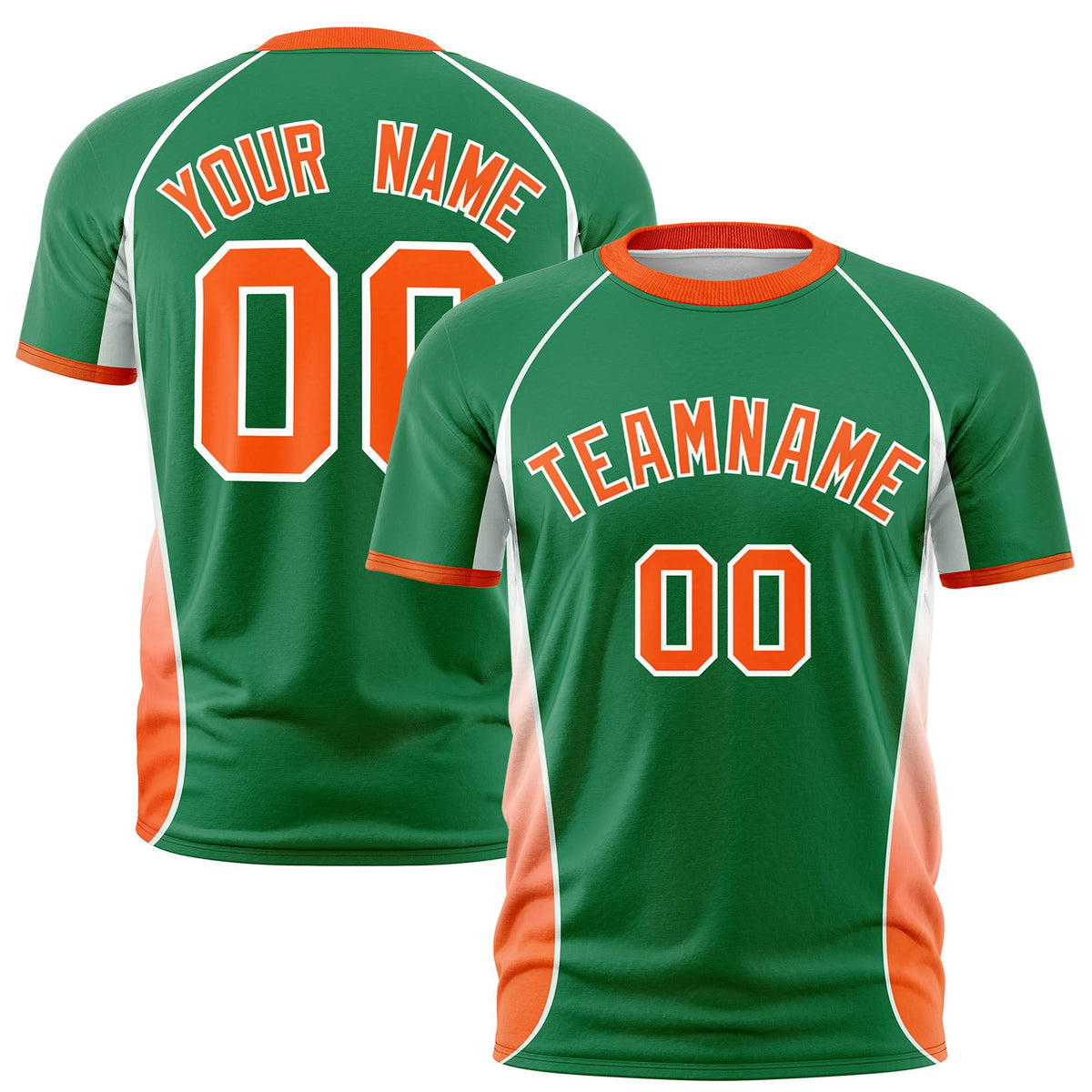 Custom Kelly Green White-Orange Crew neck Side Gradient Fashion Performance T-Shirt
