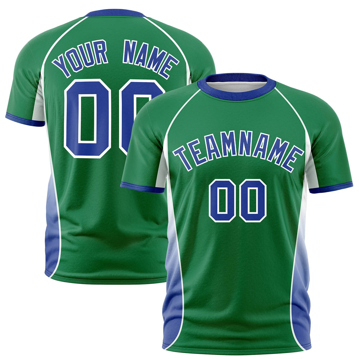 Custom Kelly Green White-Royal Blue Crew neck Side Gradient Fashion Performance T-Shirt