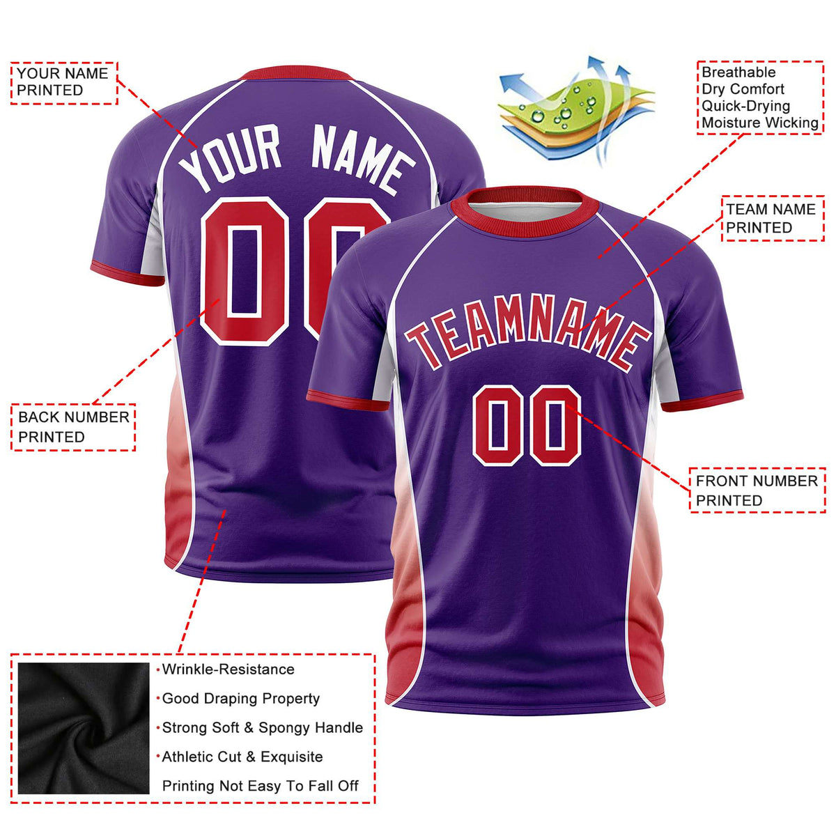Custom Purple White-Red Crew neck Side Gradient Fashion Performance T-Shirt