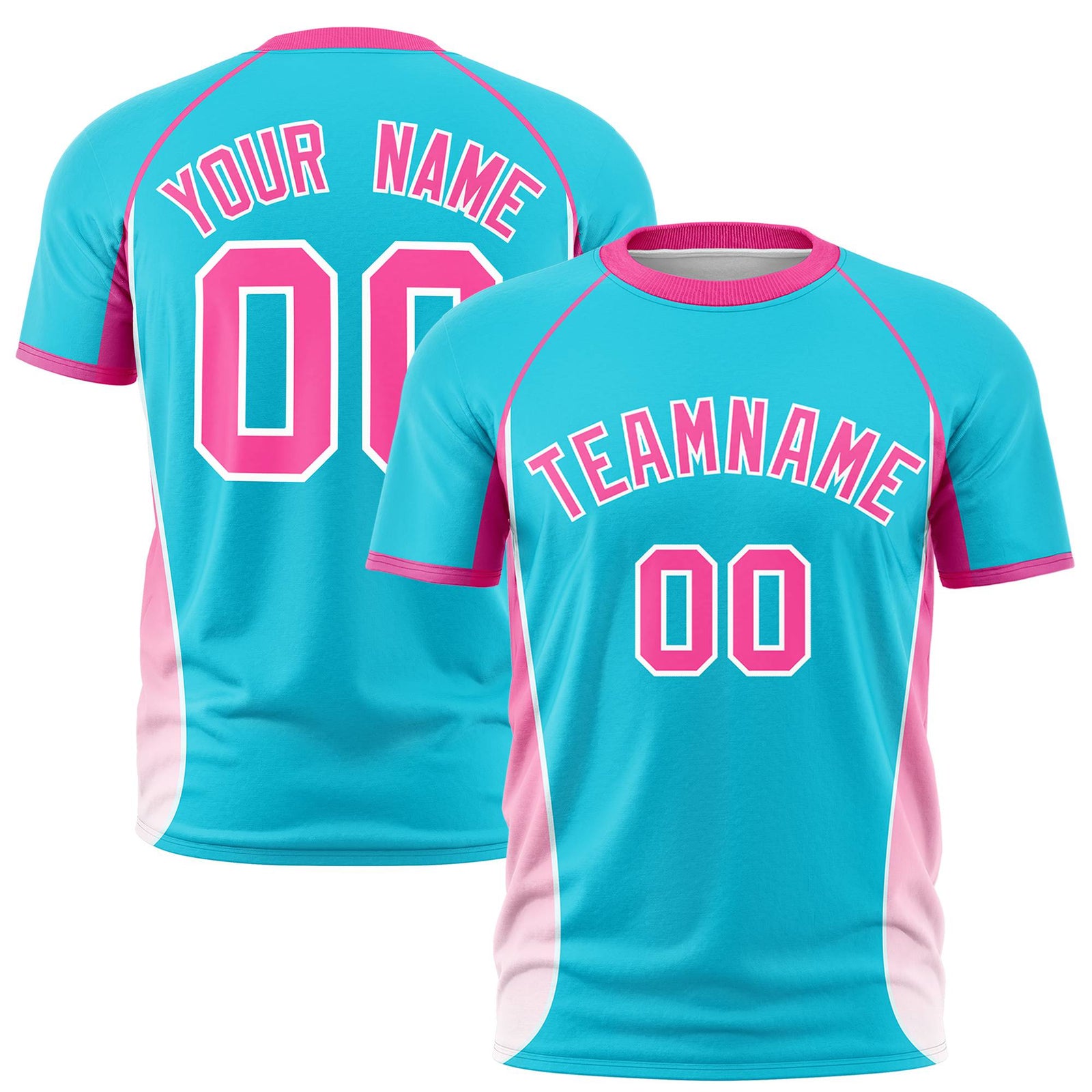 Custom Sky Blue Pink-White Crew neck Side Gradient Fashion Performance T-Shirt