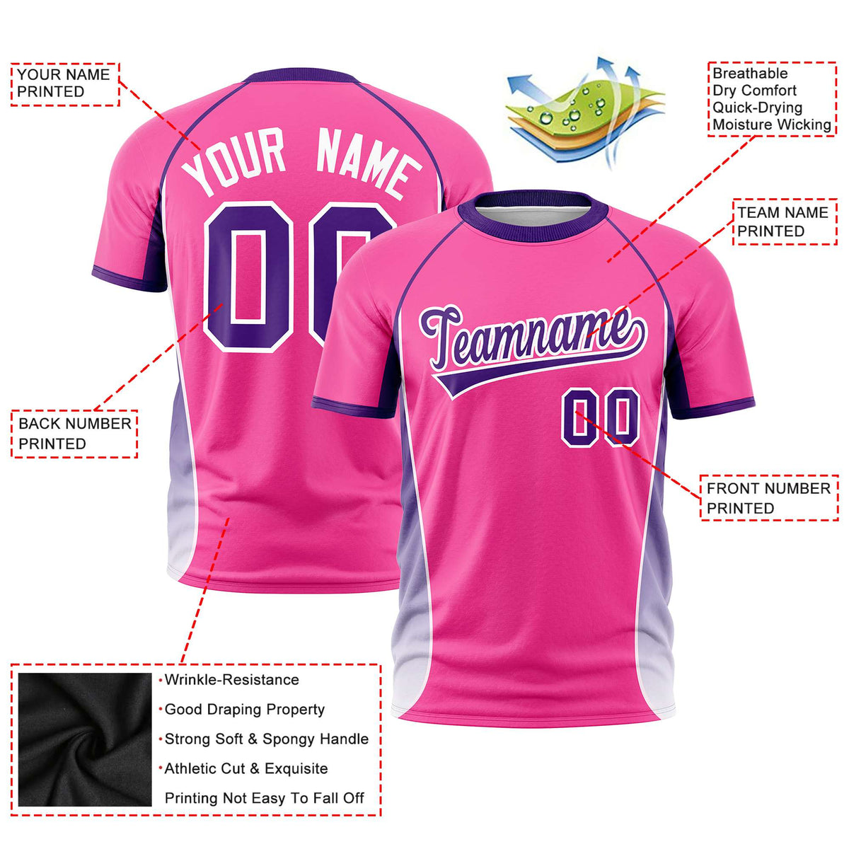 Custom Pink Purple-White Crew neck Side Gradient Fashion Performance T-Shirt