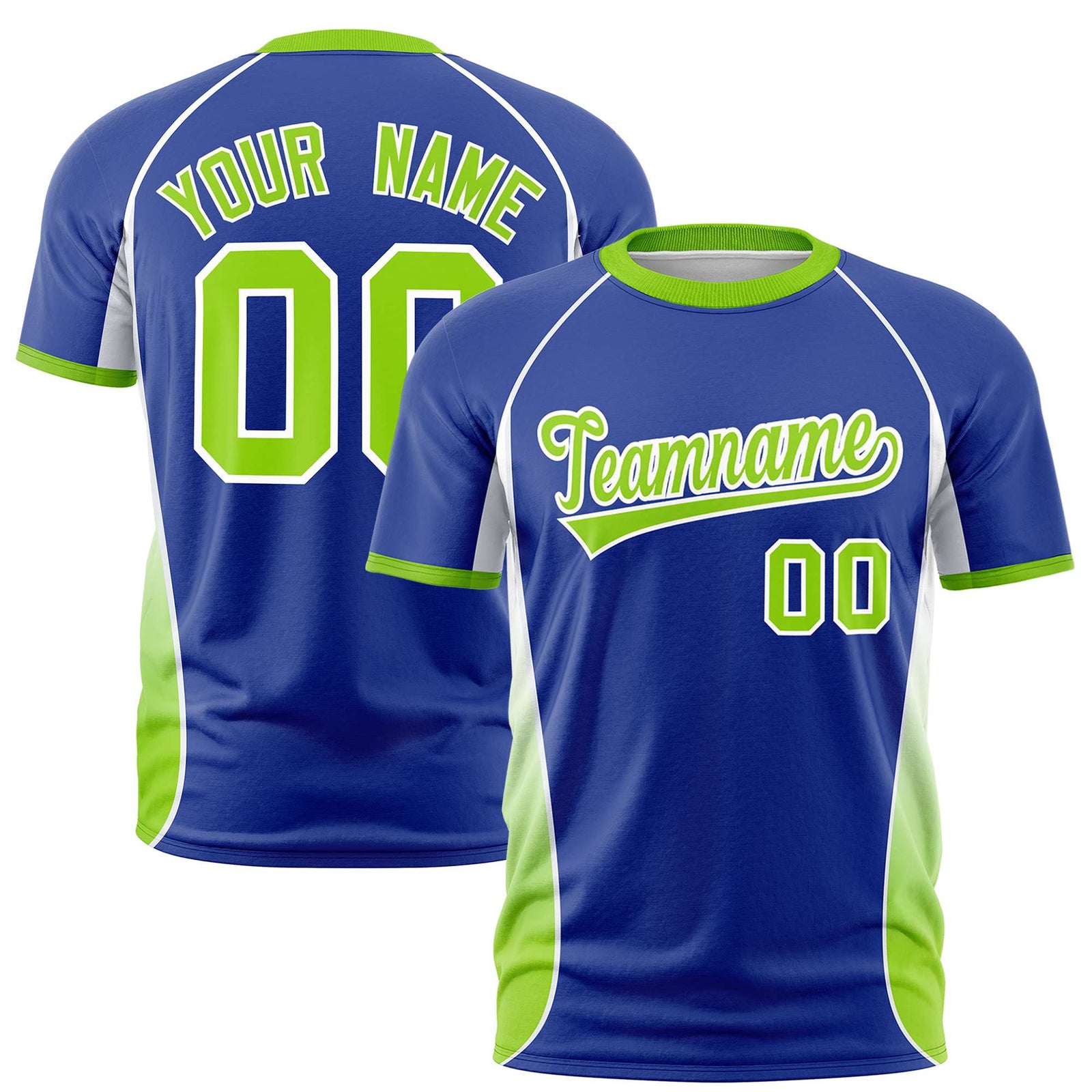 Custom Royal Blue White-Neon Green Crew neck Side Gradient Fashion Performance T-Shirt