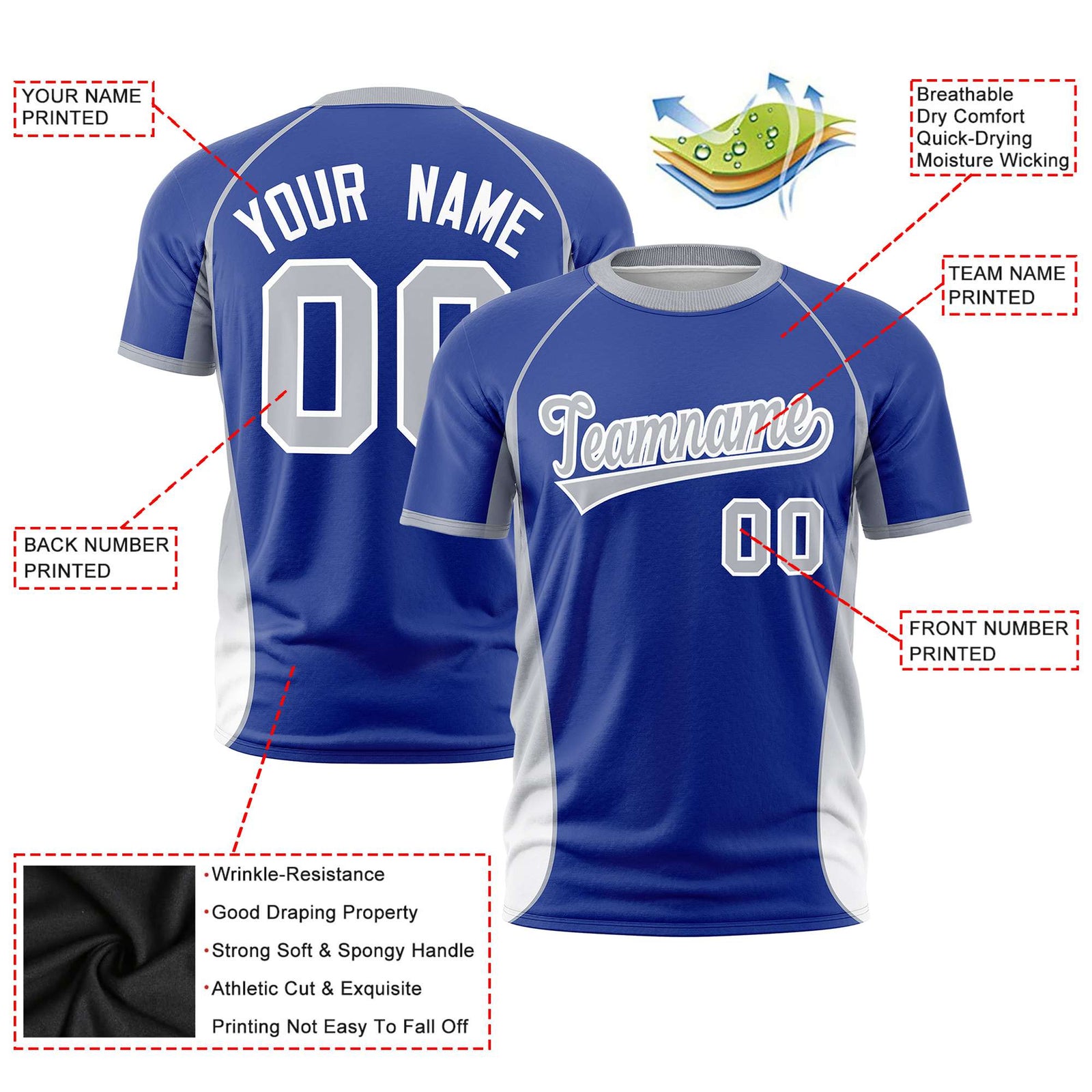 Custom Royal Blue Gray-White Crew neck Side Gradient Fashion Performance T-Shirt