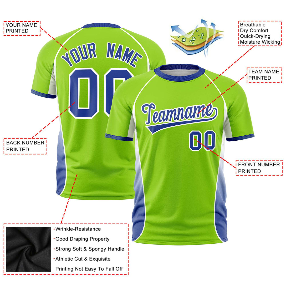 Custom Neon Green White-Royal Blue Crew neck Side Gradient Fashion Performance T-Shirt
