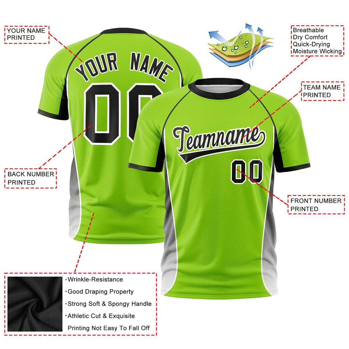 Custom Neon Green Black-White Crew neck Side Gradient Fashion Performance T-Shirt