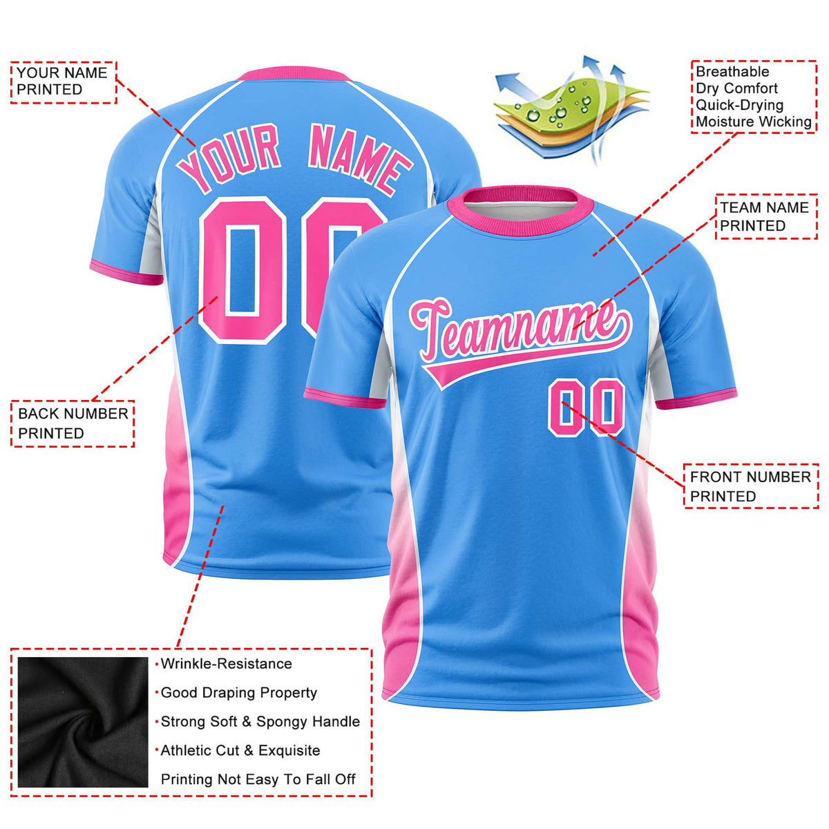 Custom Powder Blue White-Pink Crew neck Side Gradient Fashion Performance T-Shirt