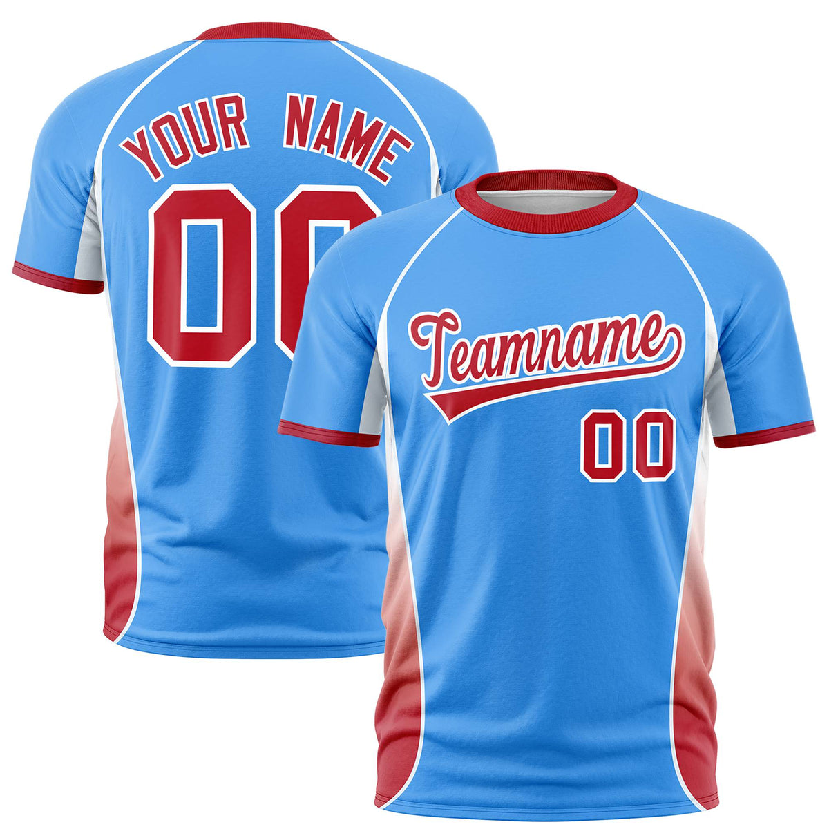 Custom Powder Blue White-Red Crew neck Side Gradient Fashion Performance T-Shirt