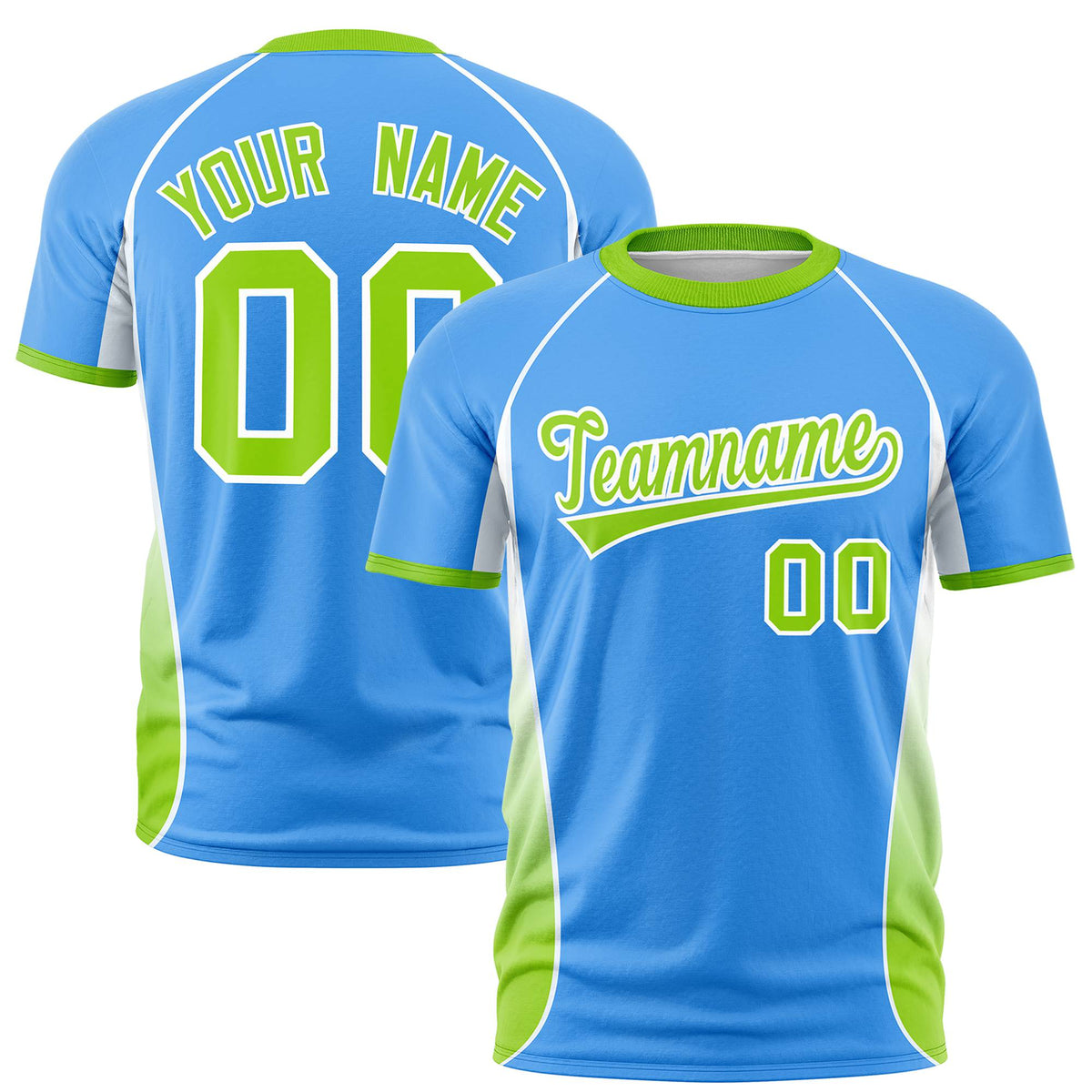 Custom Powder Blue White-Neon Green Crew neck Side Gradient Fashion Performance T-Shirt