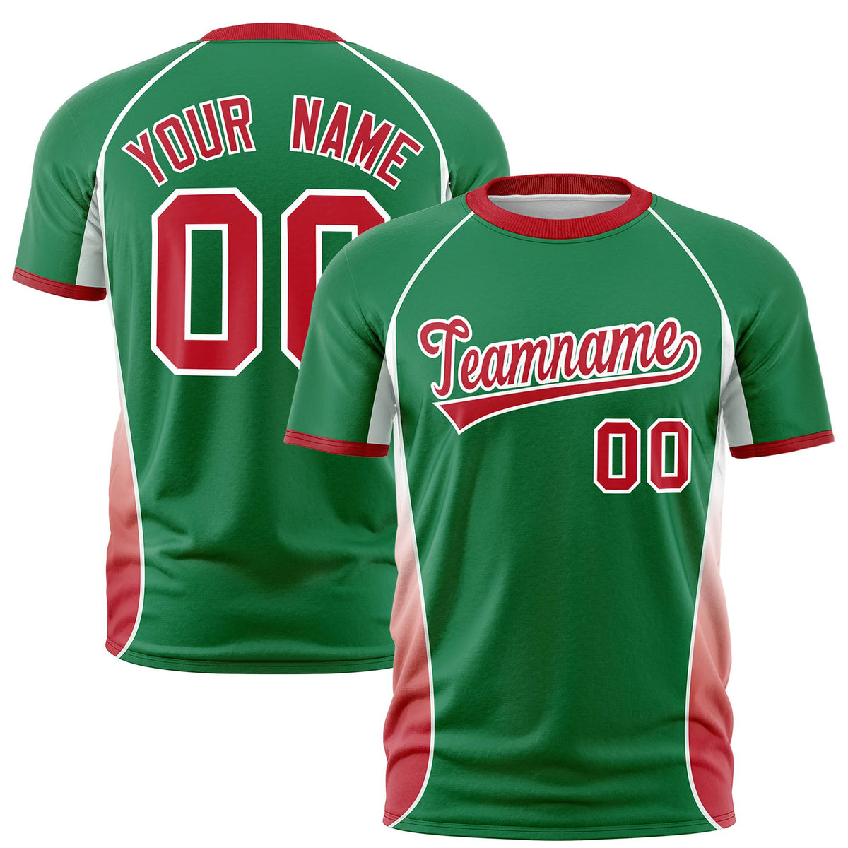 Custom Kelly Green White-Red Crew neck Side Gradient Fashion Performance T-Shirt