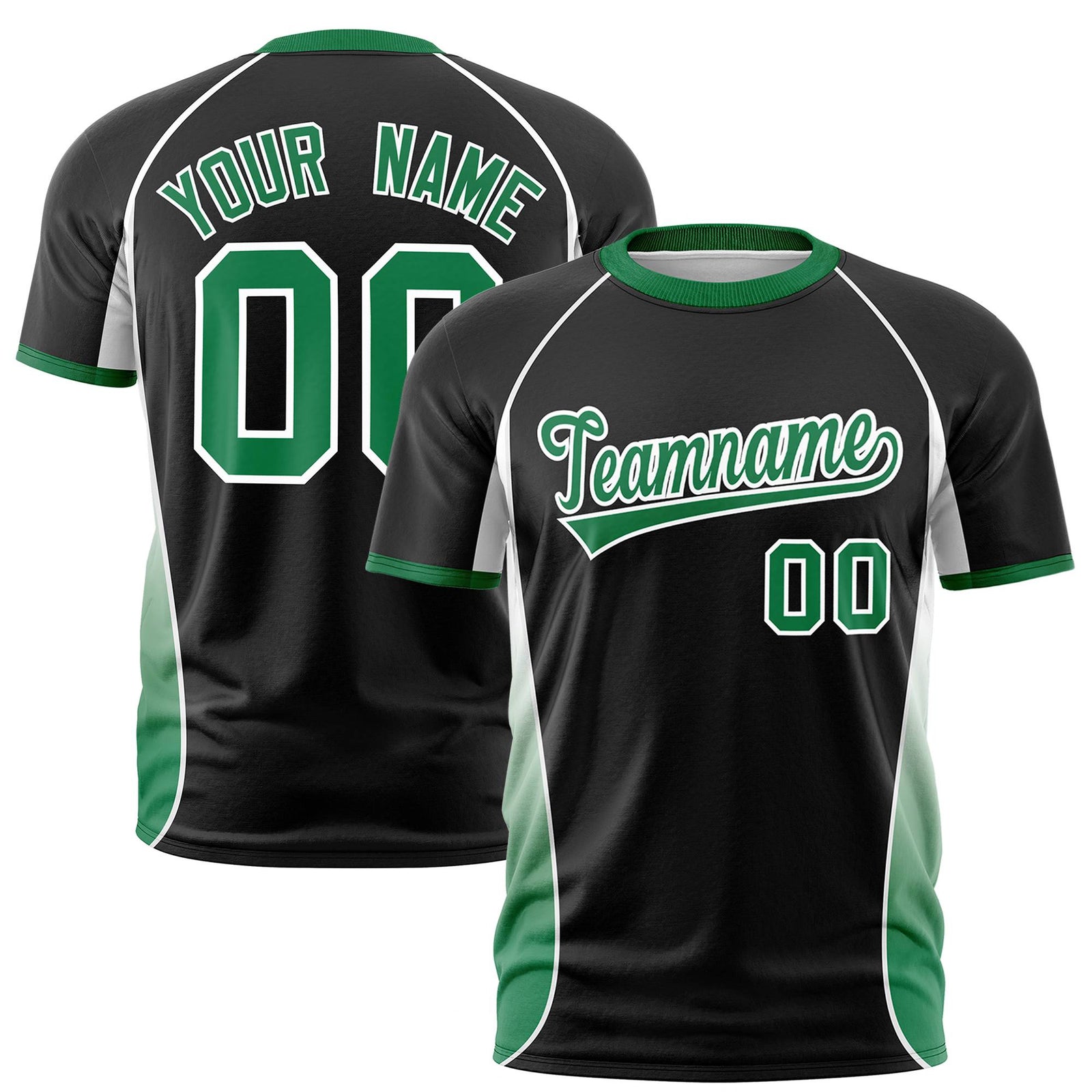 Custom Black White-Kelly Green Crew neck Side Gradient Fashion Performance T-Shirt