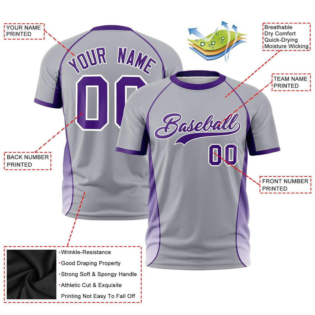 Custom Gray Purple-White Crew neck Side Gradient Fashion Performance T-Shirt