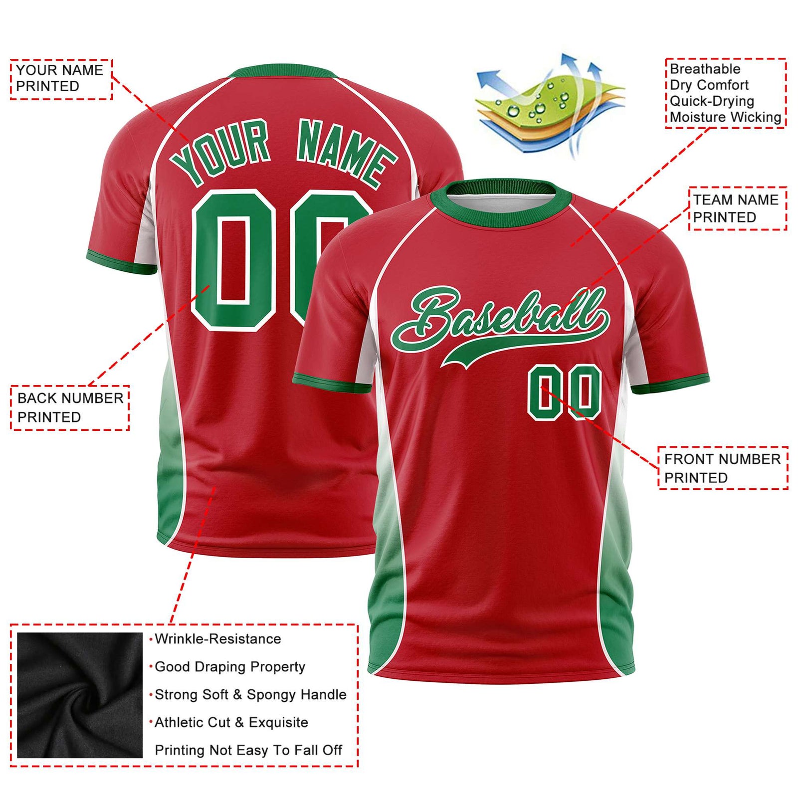 Custom Red White-Kelly Green Crew neck Side Gradient Fashion Performance T-Shirt