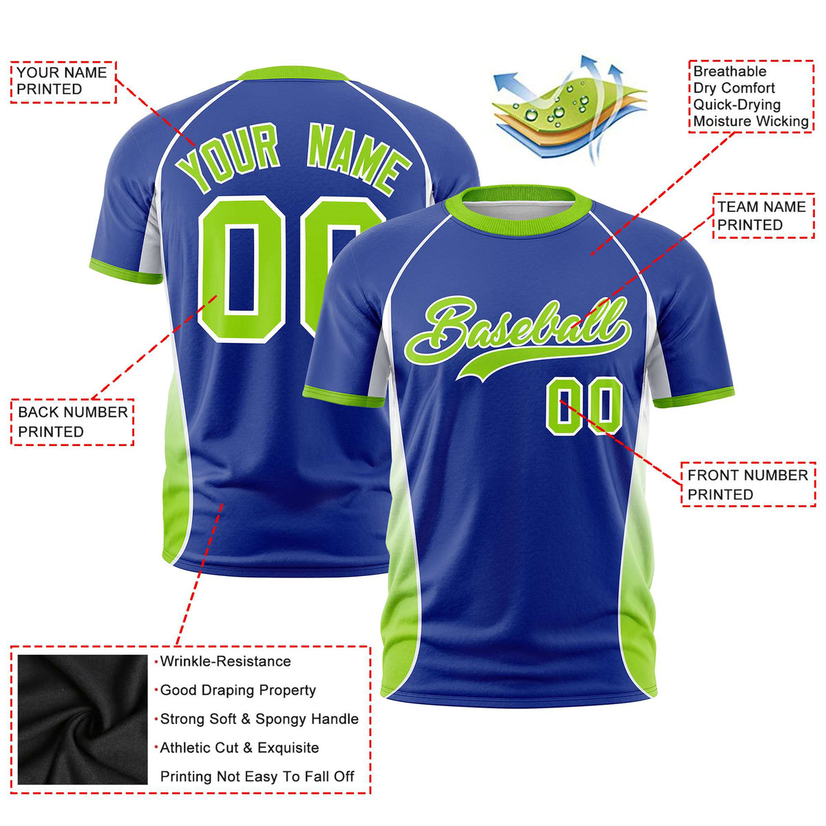 Custom Royal Blue White-Neon Green Crew neck Side Gradient Fashion Performance T-Shirt