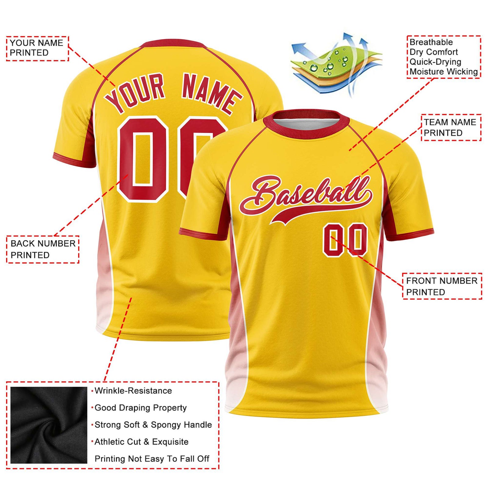 Custom Gold 01 Red-White Crew neck Side Gradient Fashion Performance T-Shirt