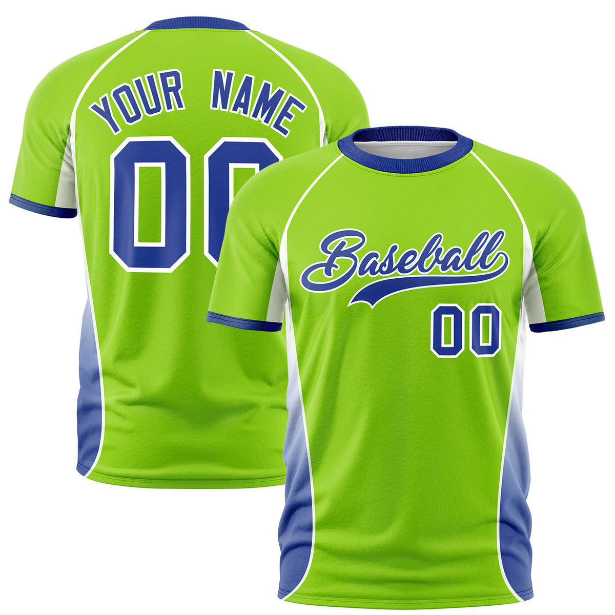 Custom Neon Green White-Royal Blue Crew neck Side Gradient Fashion Performance T-Shirt