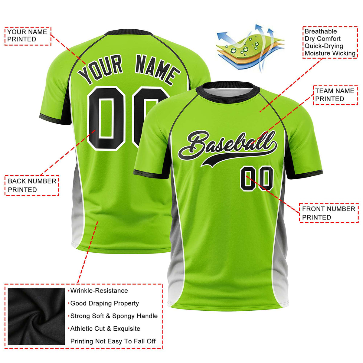 Custom Neon Green Black-White Crew neck Side Gradient Fashion Performance T-Shirt