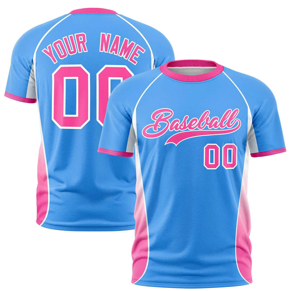 Custom Powder Blue White-Pink Crew neck Side Gradient Fashion Performance T-Shirt